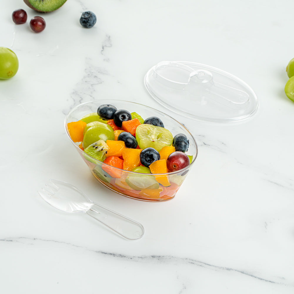 Mini Serve 4 oz Oval Clear Plastic Deli Cup - with Spork in Lid - 4 1/2" x 2 3/4" x 2 3/4" - 100 count box