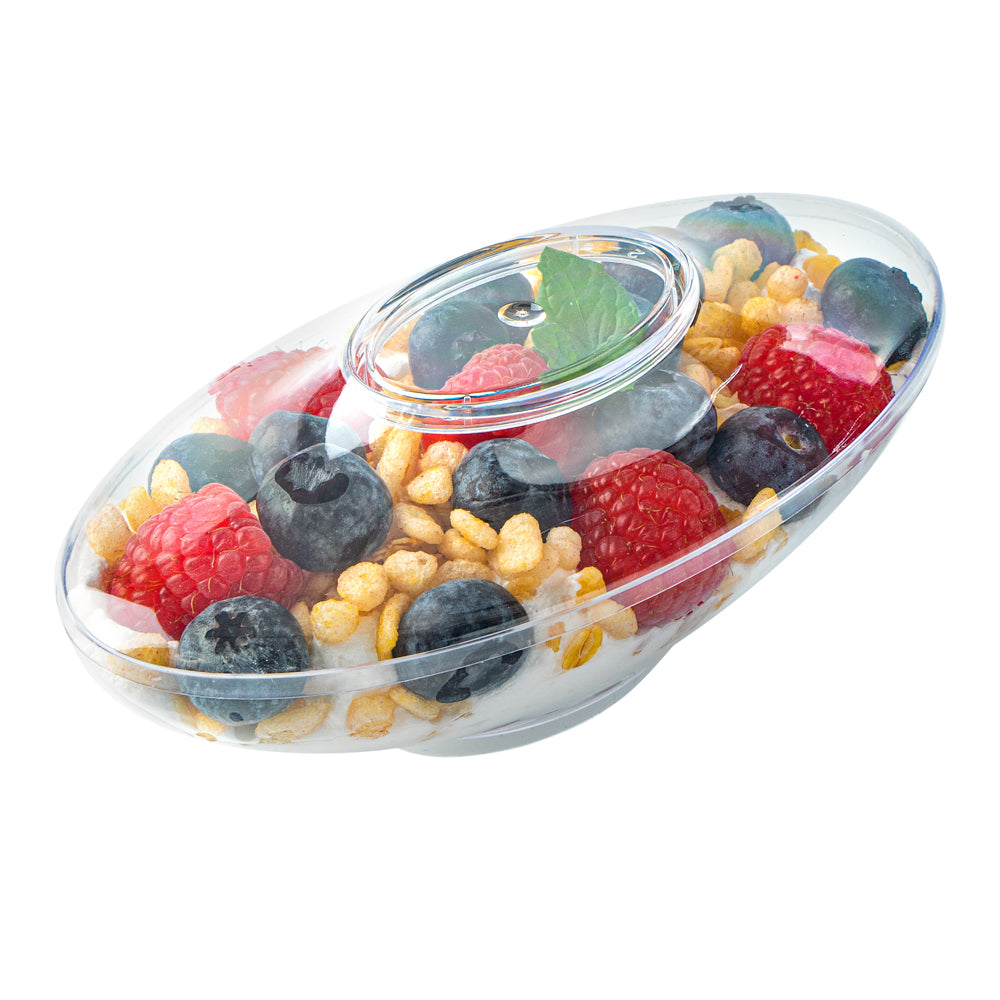 Mini Serve 6 oz Oval Clear Plastic Deli Cup - Stackable, with Lid - 5 1/2" x 3 1/4" x 2 1/2" - 100 count box