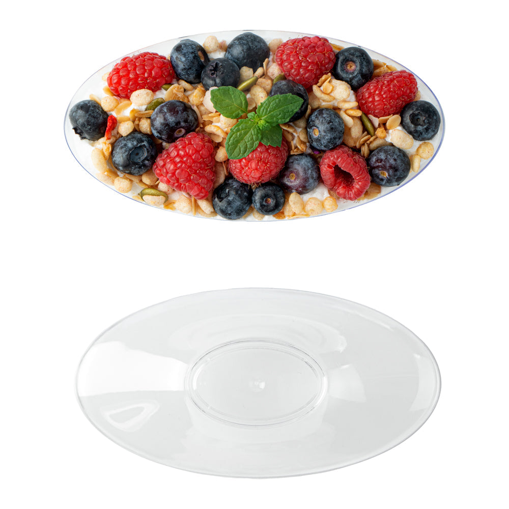 Mini Serve 6 oz Oval Clear Plastic Deli Cup - Stackable, with Lid - 5 1/2" x 3 1/4" x 2 1/2" - 100 count box