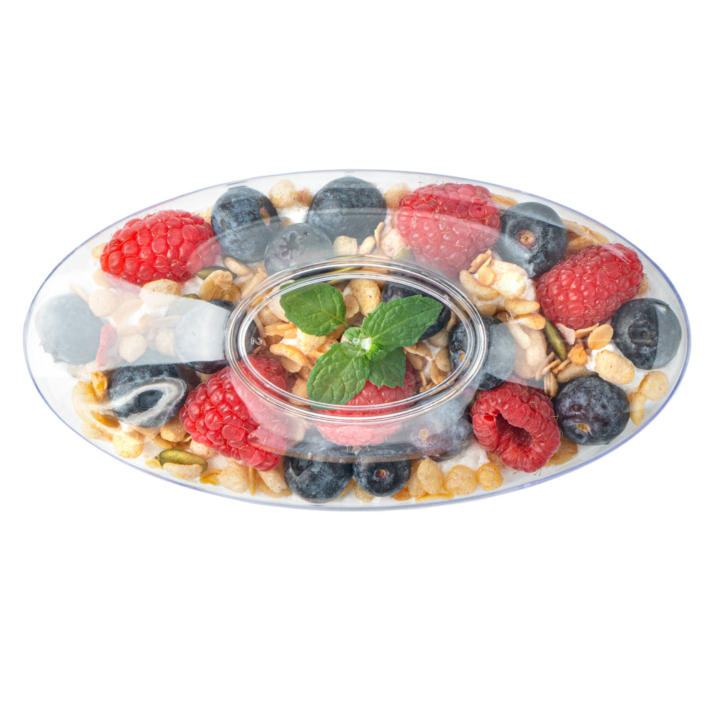 Mini Serve 6 oz Oval Clear Plastic Deli Cup - Stackable, with Lid - 5 1/2" x 3 1/4" x 2 1/2" - 100 count box