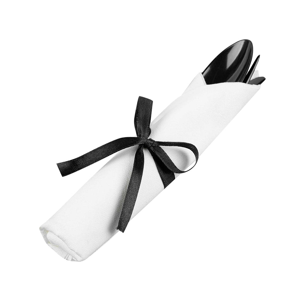 Moderna Black Plastic Cutlery Set - with White Napkin, Black Ribbon - 7 1/4" x 2" x 1 3/4" - 100 count box
