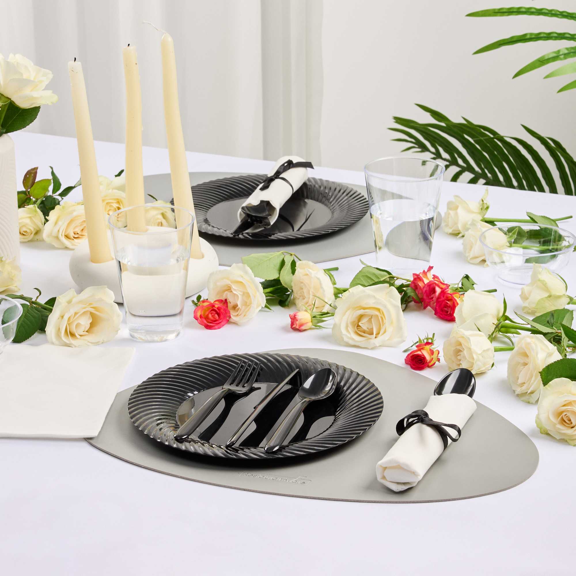 Moderna Black Plastic Cutlery Set - with White Napkin, Black Ribbon - 7 1/4" x 2" x 1 3/4" - 100 count box