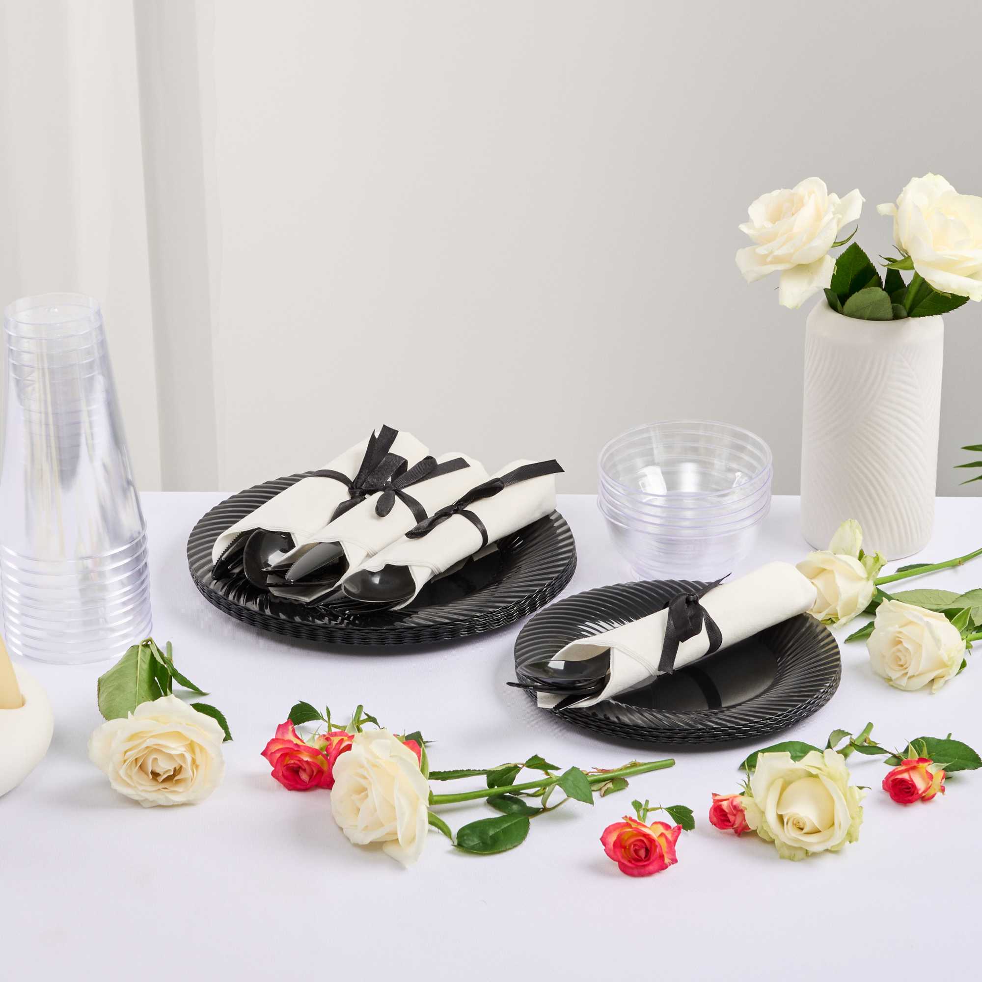 Moderna Black Plastic Cutlery Set - with White Napkin, Black Ribbon - 7 1/4" x 2" x 1 3/4" - 100 count box