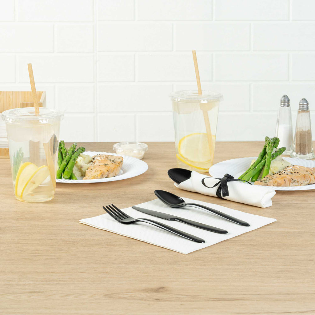 Moderna Black Plastic Cutlery Set - with White Napkin, Black Ribbon - 7 1/4" x 2" x 1 3/4" - 100 count box