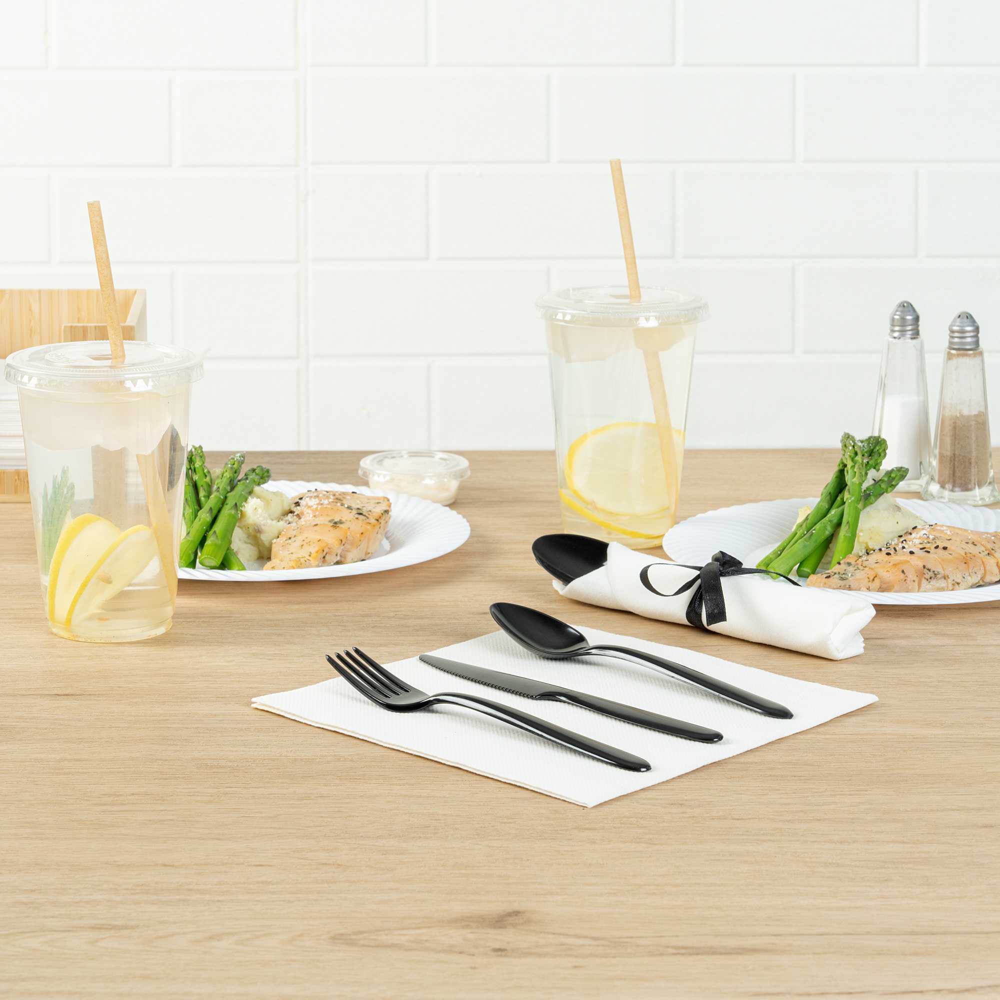 Moderna Black Plastic Cutlery Set - with White Napkin, Black Ribbon - 7 1/4" x 2" x 1 3/4" - 100 count box