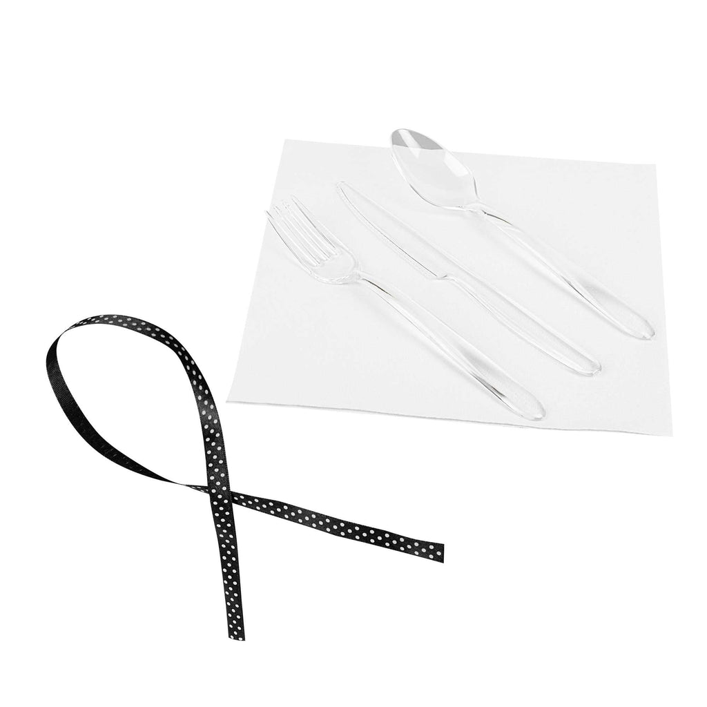 Moderna Clear Plastic Cutlery Set - with White Napkin, Polka Dot Ribbon - 7 1/4" x 2" x 1 3/4" - 100 count box