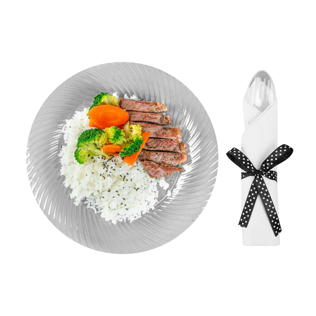 Moderna Clear Plastic Cutlery Set - with White Napkin, Polka Dot Ribbon - 7 1/4" x 2" x 1 3/4" - 100 count box