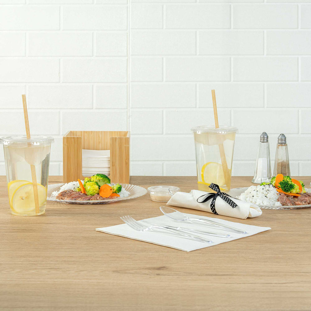 Moderna Clear Plastic Cutlery Set - with White Napkin, Polka Dot Ribbon - 7 1/4" x 2" x 1 3/4" - 100 count box