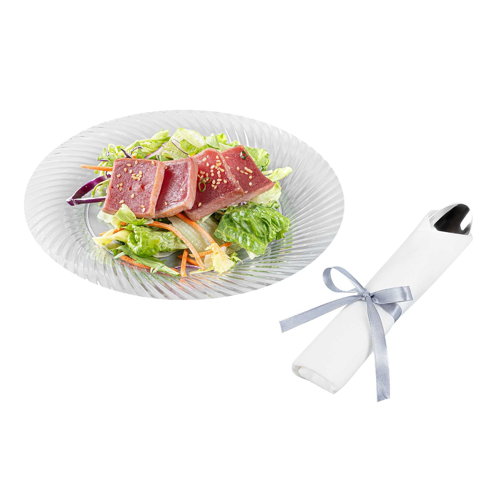 Moderna Silver Plastic Cutlery Set - with White Napkin, Silver Ribbon - 7 1/4" x 2" x 1 3/4" - 100 count box