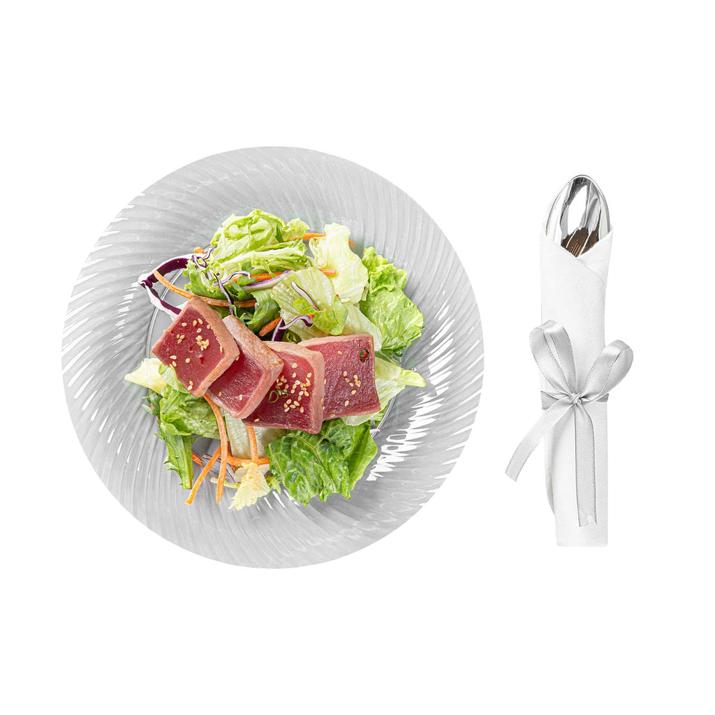 Moderna Silver Plastic Cutlery Set - with White Napkin, Silver Ribbon - 7 1/4" x 2" x 1 3/4" - 100 count box