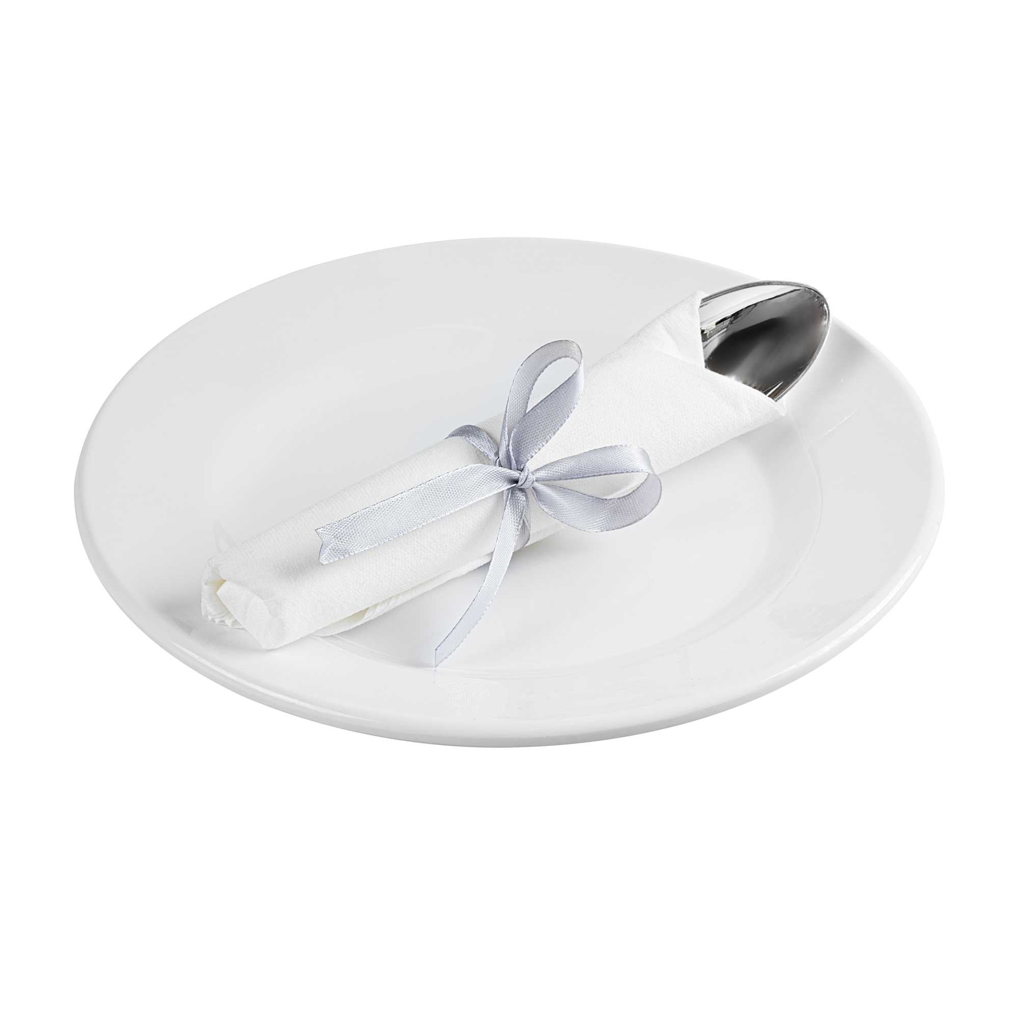Moderna Silver Plastic Cutlery Set - with White Napkin, Silver Ribbon - 7 1/4" x 2" x 1 3/4" - 100 count box