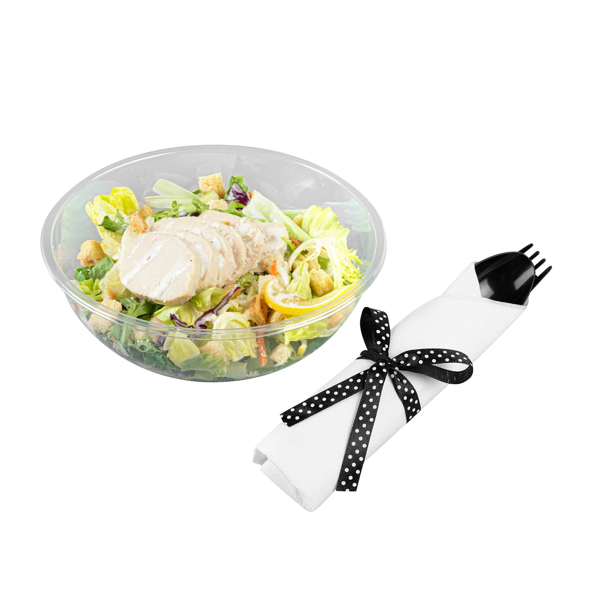 Argento Black Plastic Cutlery Set - with White Napkin, Polka Dot Ribbon - 7 1/4" x 2" x 1 3/4" - 100 count box