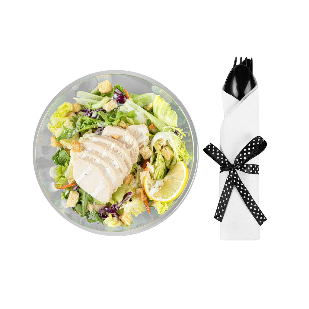 Argento Black Plastic Cutlery Set - with White Napkin, Polka Dot Ribbon - 7 1/4" x 2" x 1 3/4" - 100 count box