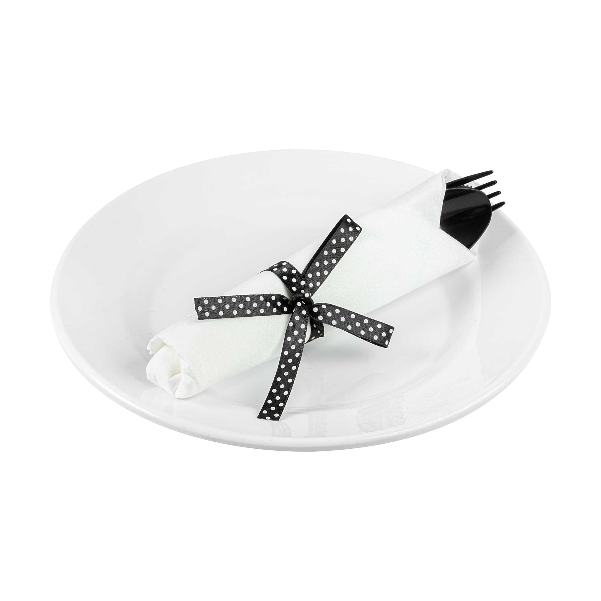 Argento Black Plastic Cutlery Set - with White Napkin, Polka Dot Ribbon - 7 1/4" x 2" x 1 3/4" - 100 count box