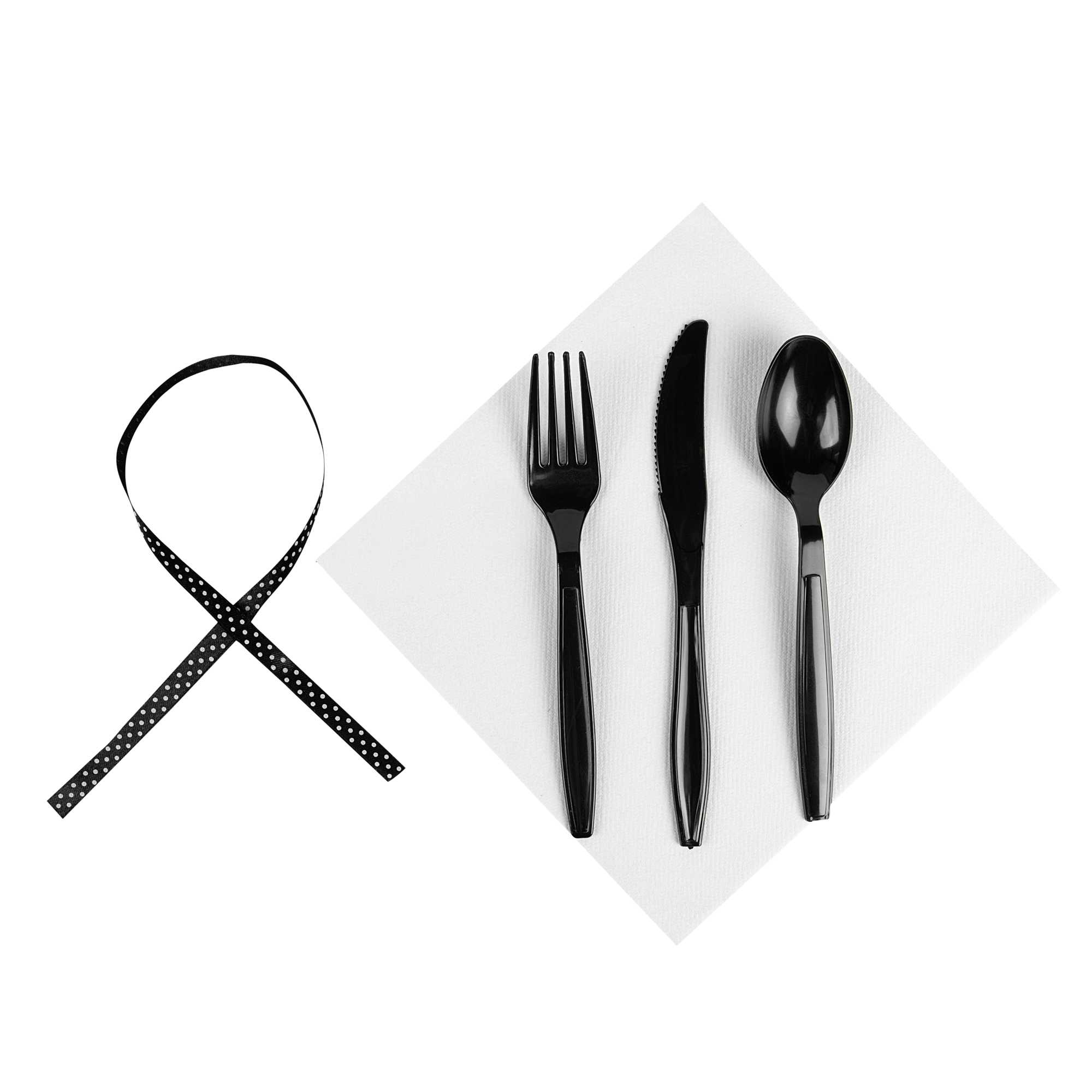 Argento Black Plastic Cutlery Set - with White Napkin, Polka Dot Ribbon - 7 1/4" x 2" x 1 3/4" - 100 count box