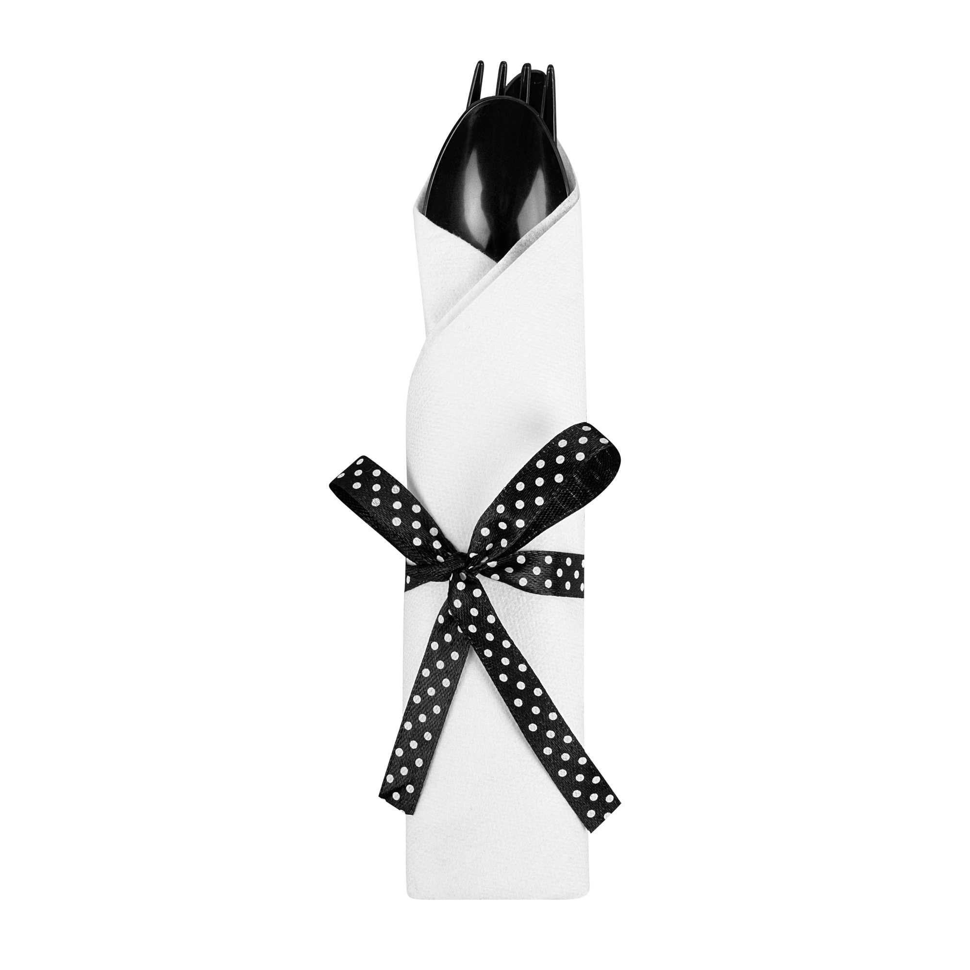 Argento Black Plastic Cutlery Set - with White Napkin, Polka Dot Ribbon - 7 1/4" x 2" x 1 3/4" - 100 count box