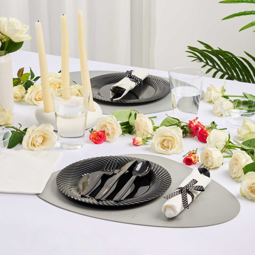 Argento Black Plastic Cutlery Set - with White Napkin, Polka Dot Ribbon - 7 1/4" x 2" x 1 3/4" - 100 count box