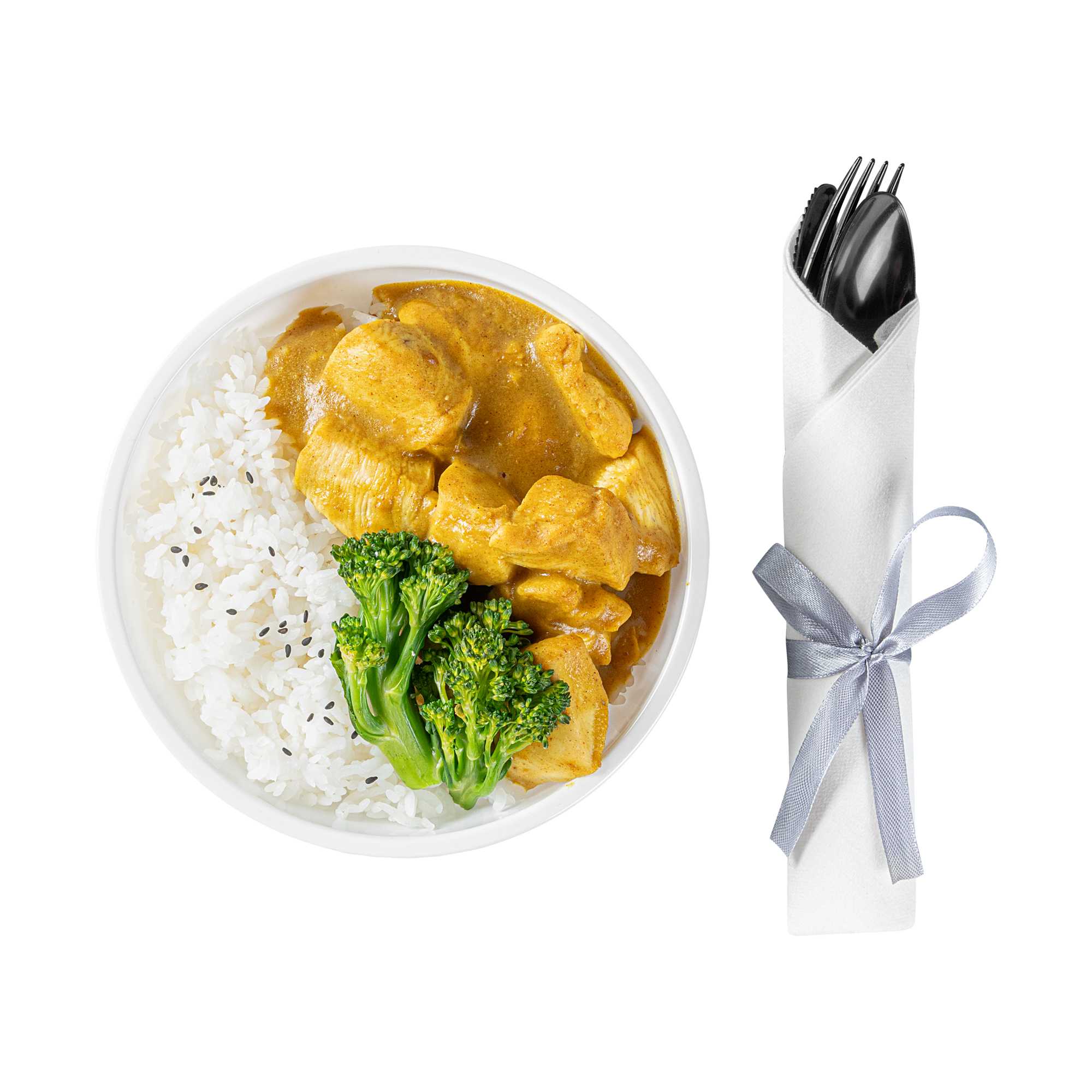 Argento Black Plastic Cutlery Set - with White Napkin, Silver Ribbon - 7 1/4" x 2" x 1 3/4" - 100 count box