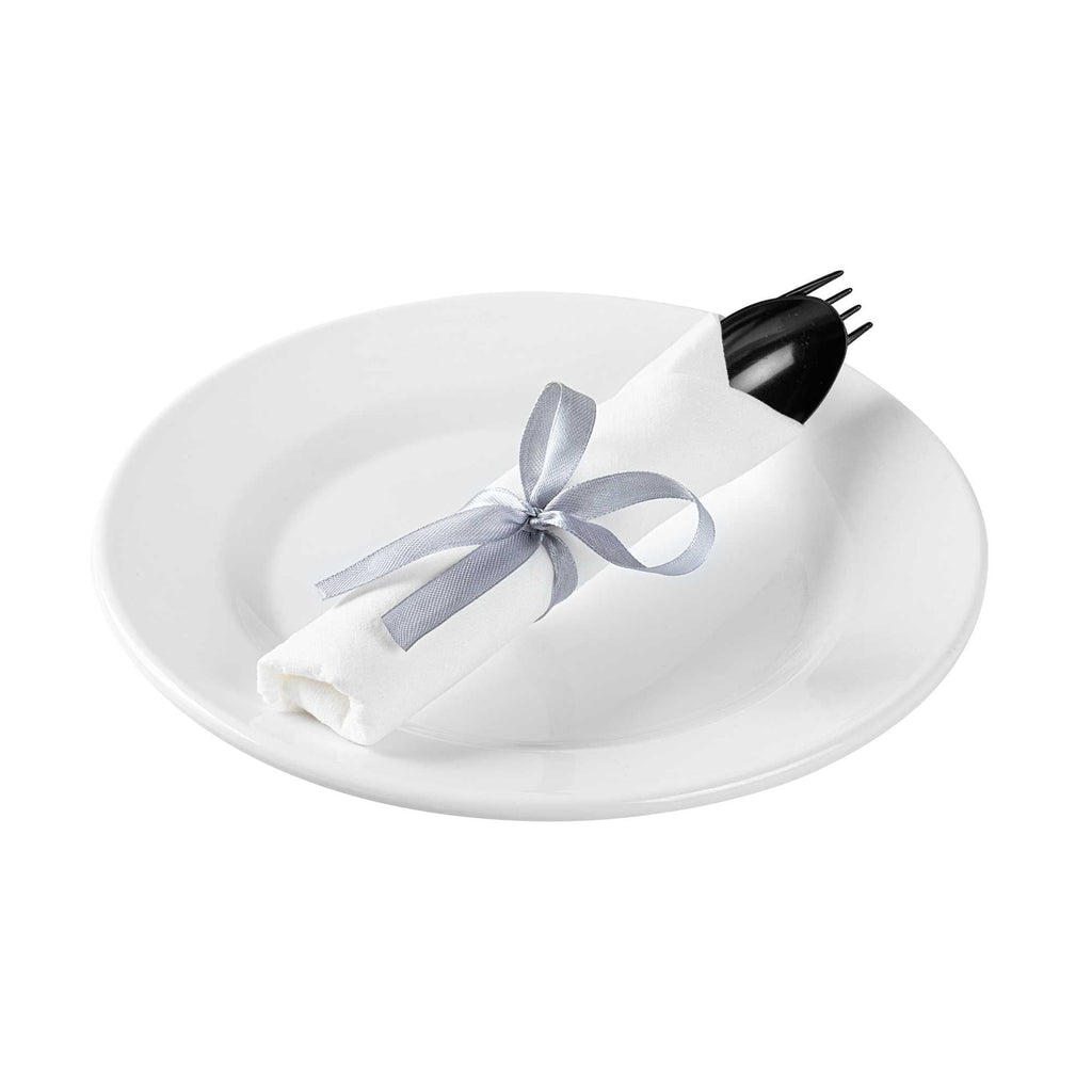 Argento Black Plastic Cutlery Set - with White Napkin, Silver Ribbon - 7 1/4" x 2" x 1 3/4" - 100 count box
