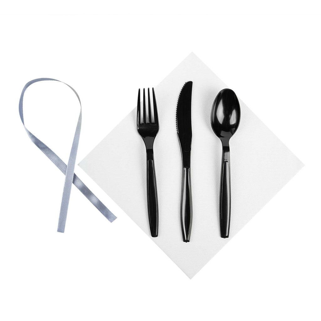 Argento Black Plastic Cutlery Set - with White Napkin, Silver Ribbon - 7 1/4" x 2" x 1 3/4" - 100 count box