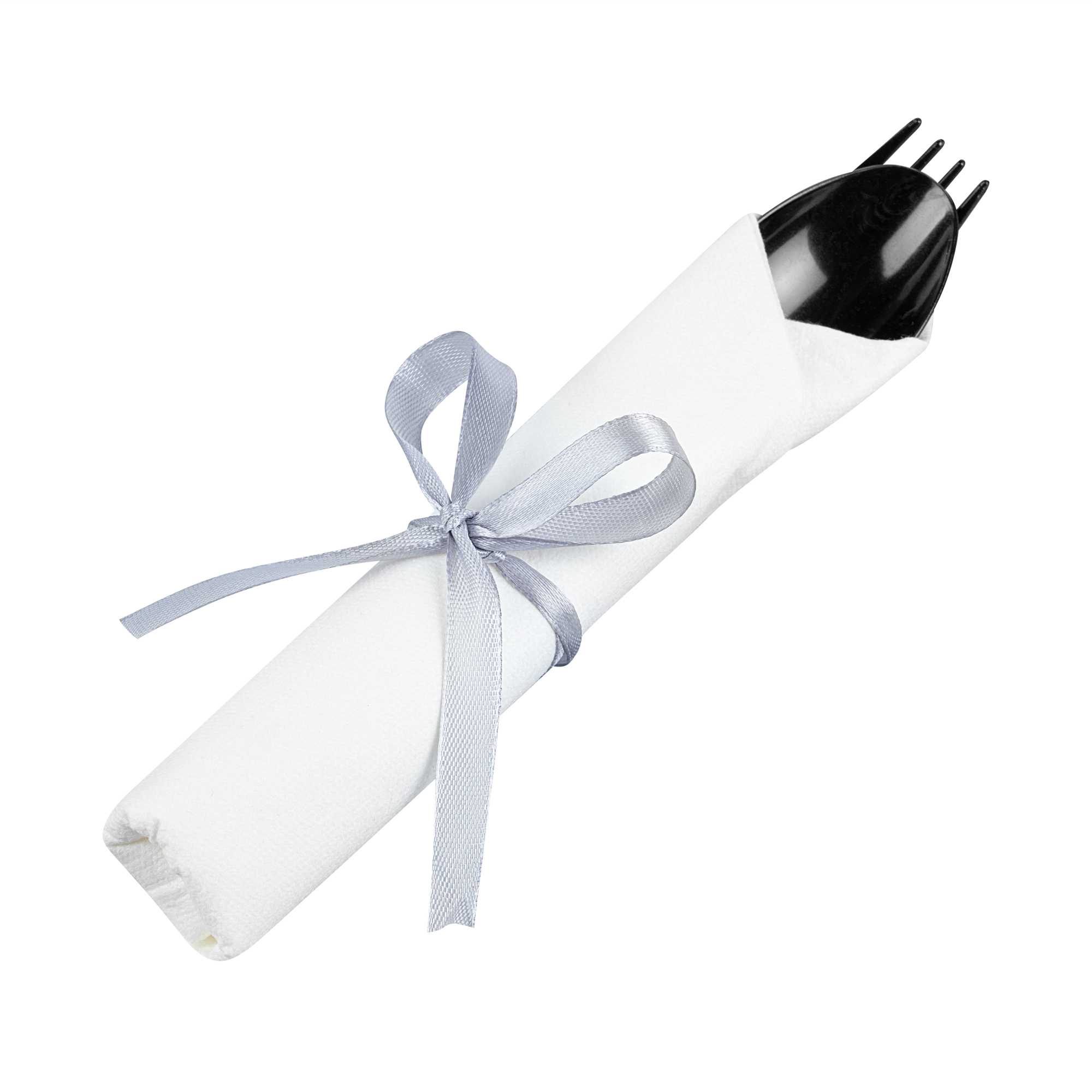 Argento Black Plastic Cutlery Set - with White Napkin, Silver Ribbon - 7 1/4" x 2" x 1 3/4" - 100 count box