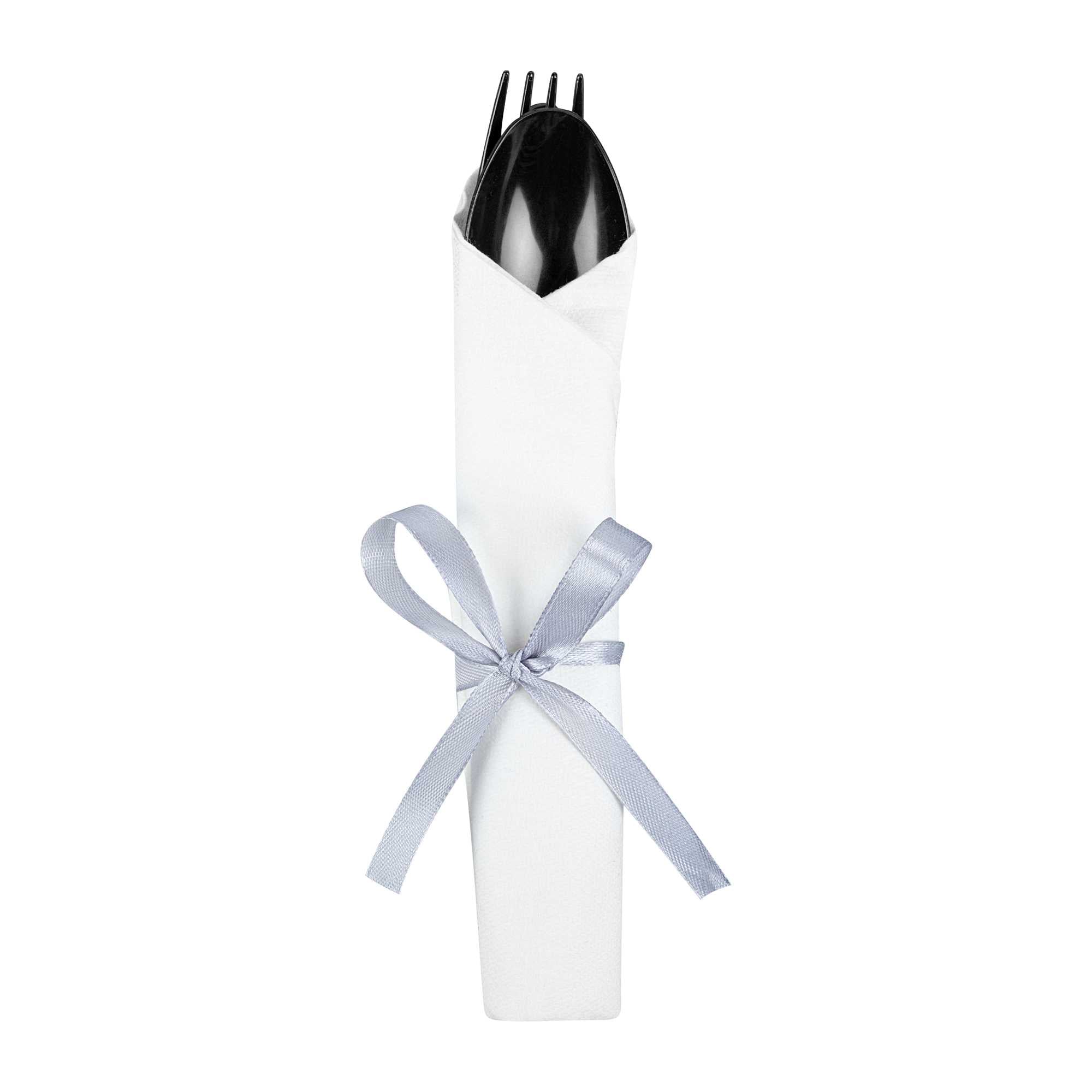Argento Black Plastic Cutlery Set - with White Napkin, Silver Ribbon - 7 1/4" x 2" x 1 3/4" - 100 count box