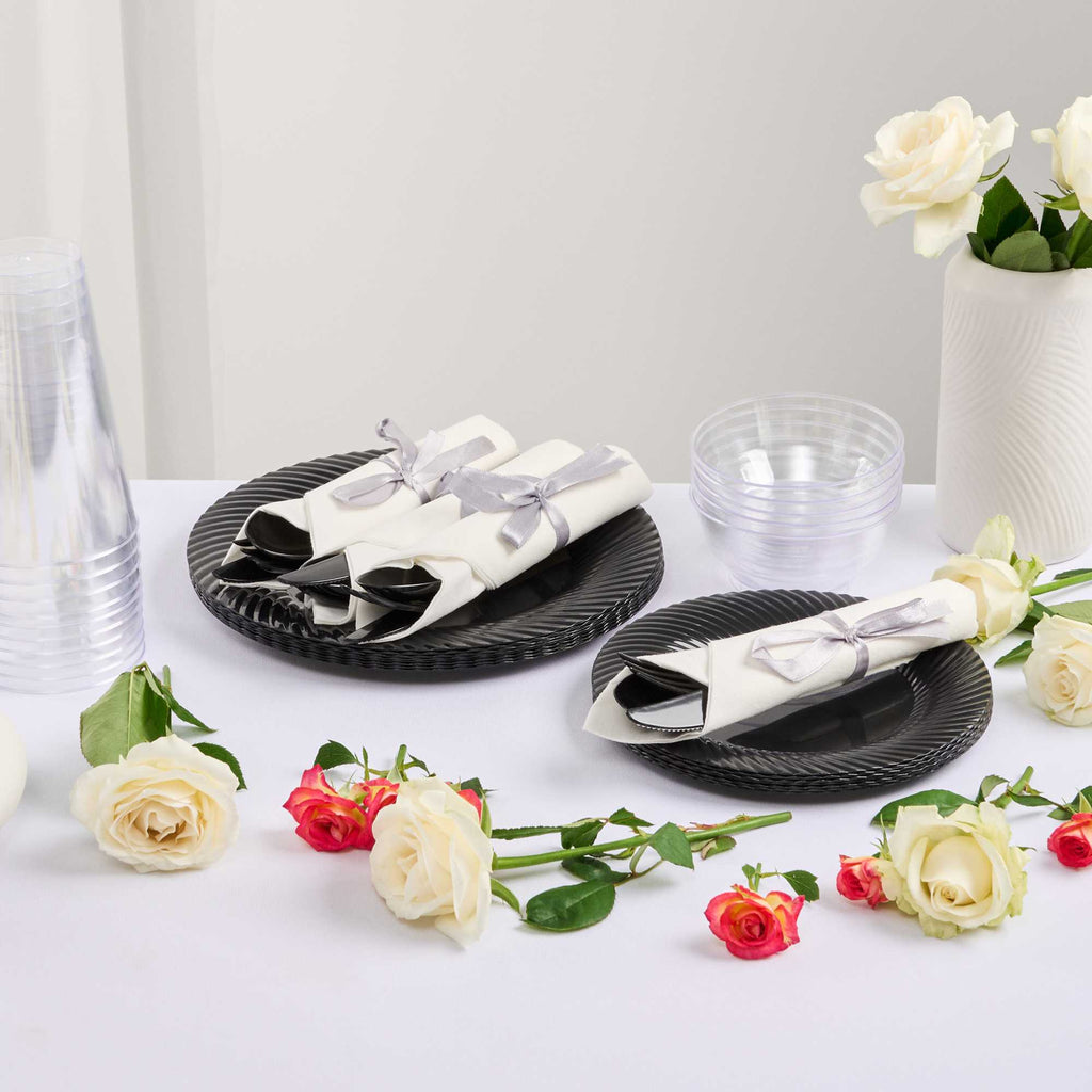 Argento Black Plastic Cutlery Set - with White Napkin, Silver Ribbon - 7 1/4" x 2" x 1 3/4" - 100 count box