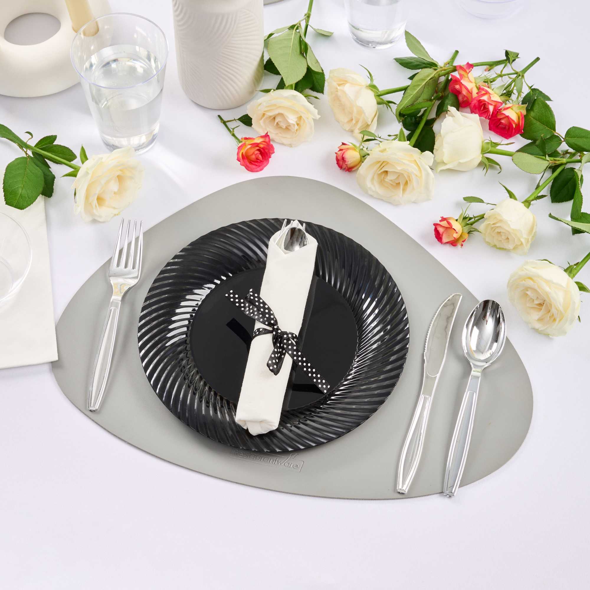 Argento Silver Plastic Cutlery Set - with White Napkin, Polka Dot Ribbon - 7 1/4" x 2" x 1 3/4" - 100 count box