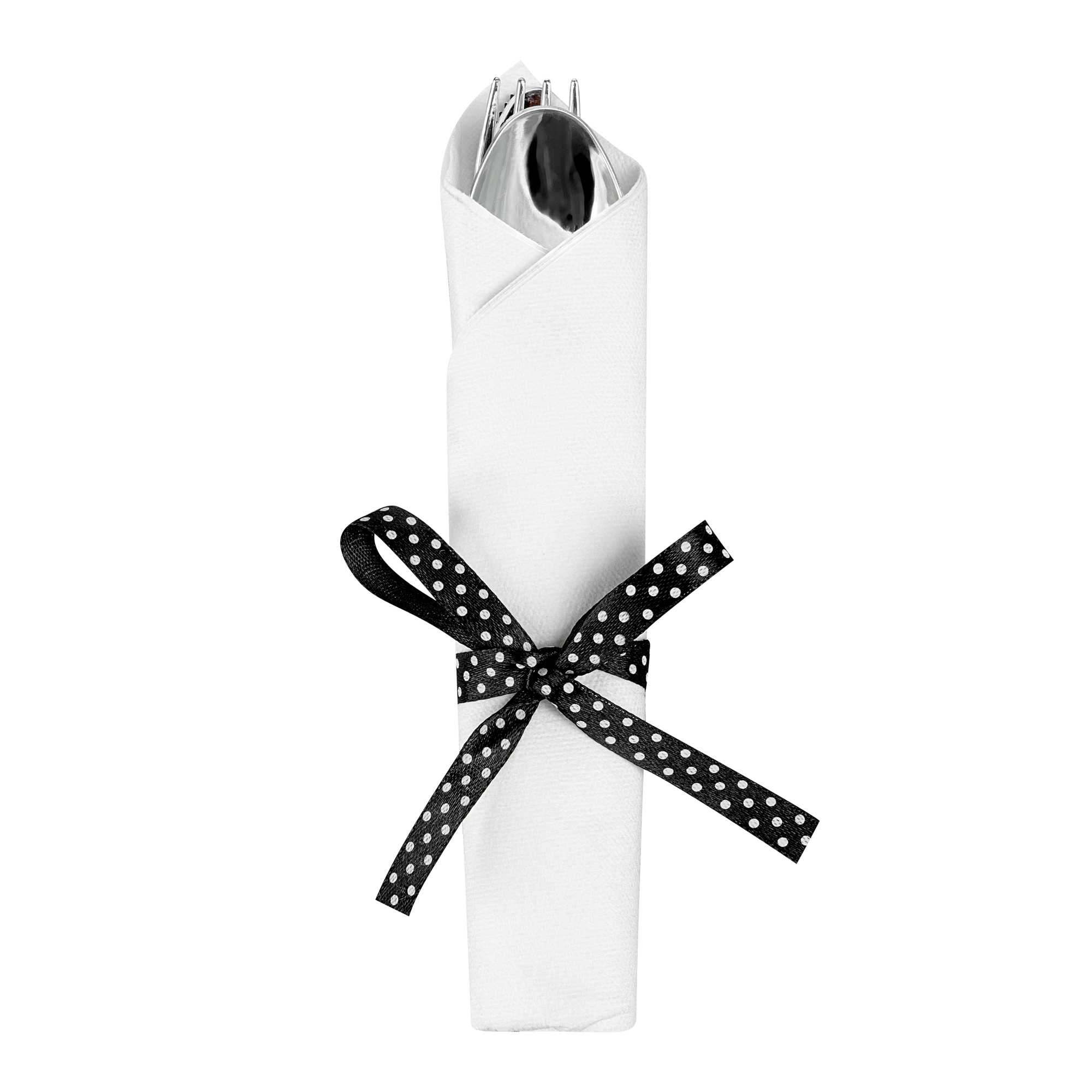 Argento Silver Plastic Cutlery Set - with White Napkin, Polka Dot Ribbon - 7 1/4" x 2" x 1 3/4" - 100 count box