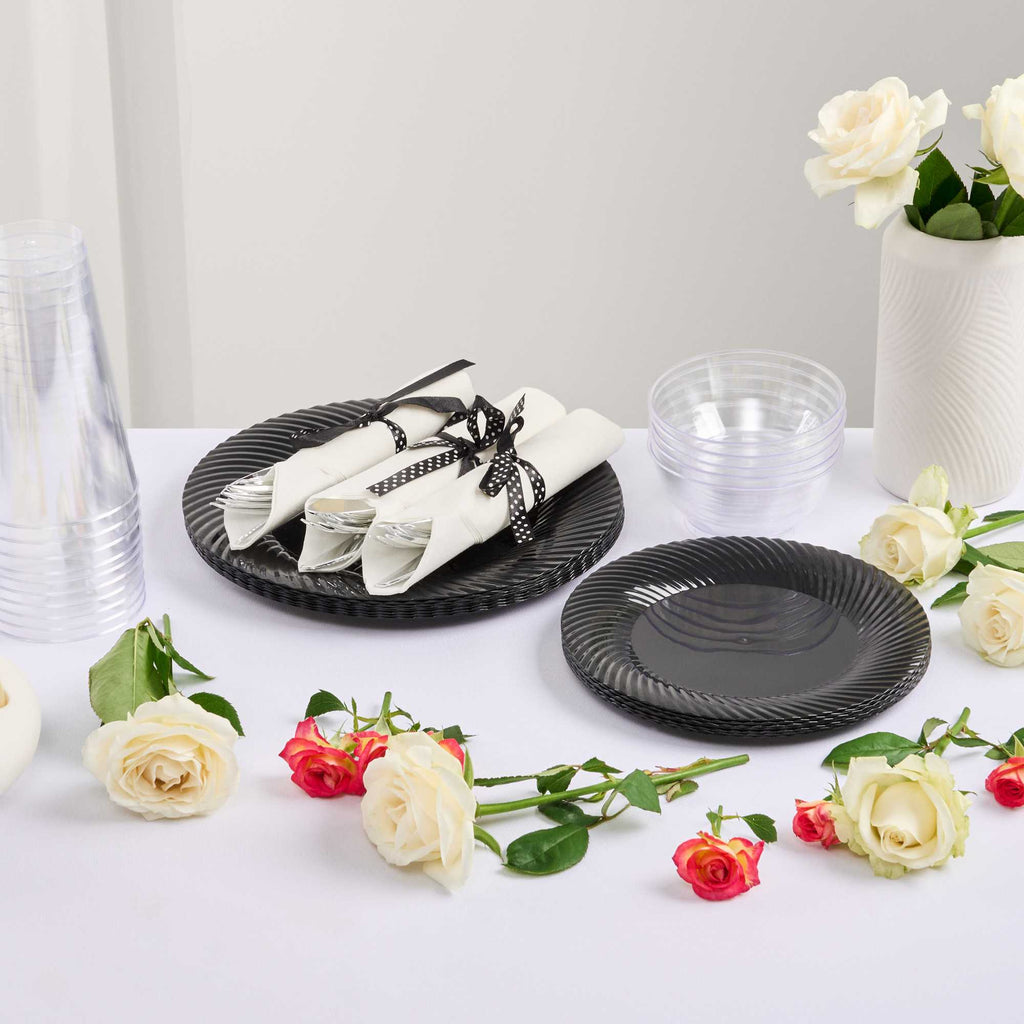 Argento Silver Plastic Cutlery Set - with White Napkin, Polka Dot Ribbon - 7 1/4" x 2" x 1 3/4" - 100 count box