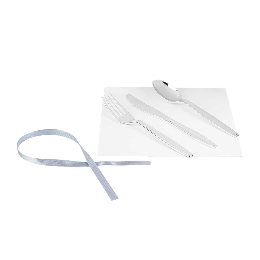 Argento Silver Plastic Cutlery Set - with White Napkin, Silver Ribbon - 7 1/4" x 2" x 1 3/4" - 100 count box