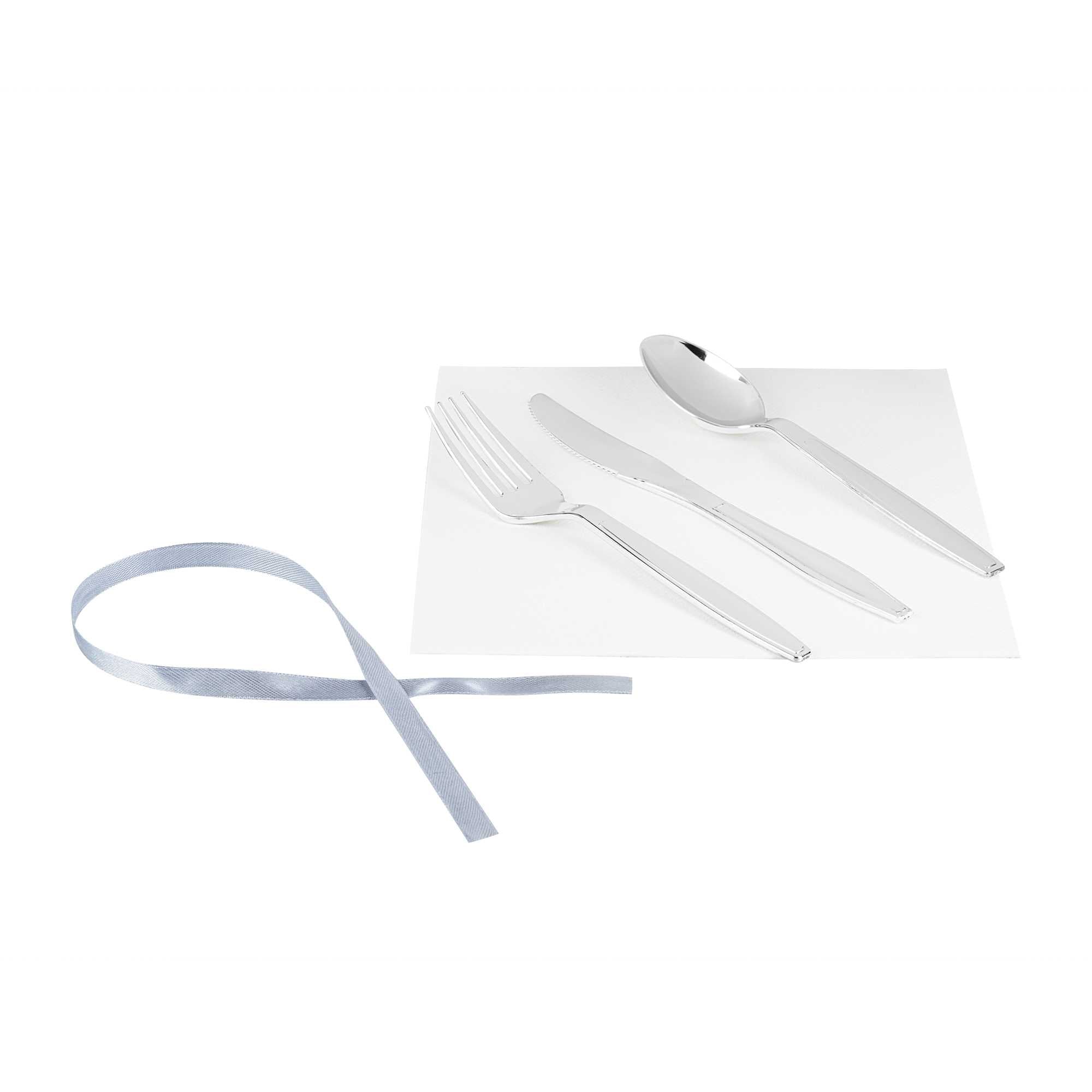 Argento Silver Plastic Cutlery Set - with White Napkin, Silver Ribbon - 7 1/4" x 2" x 1 3/4" - 100 count box