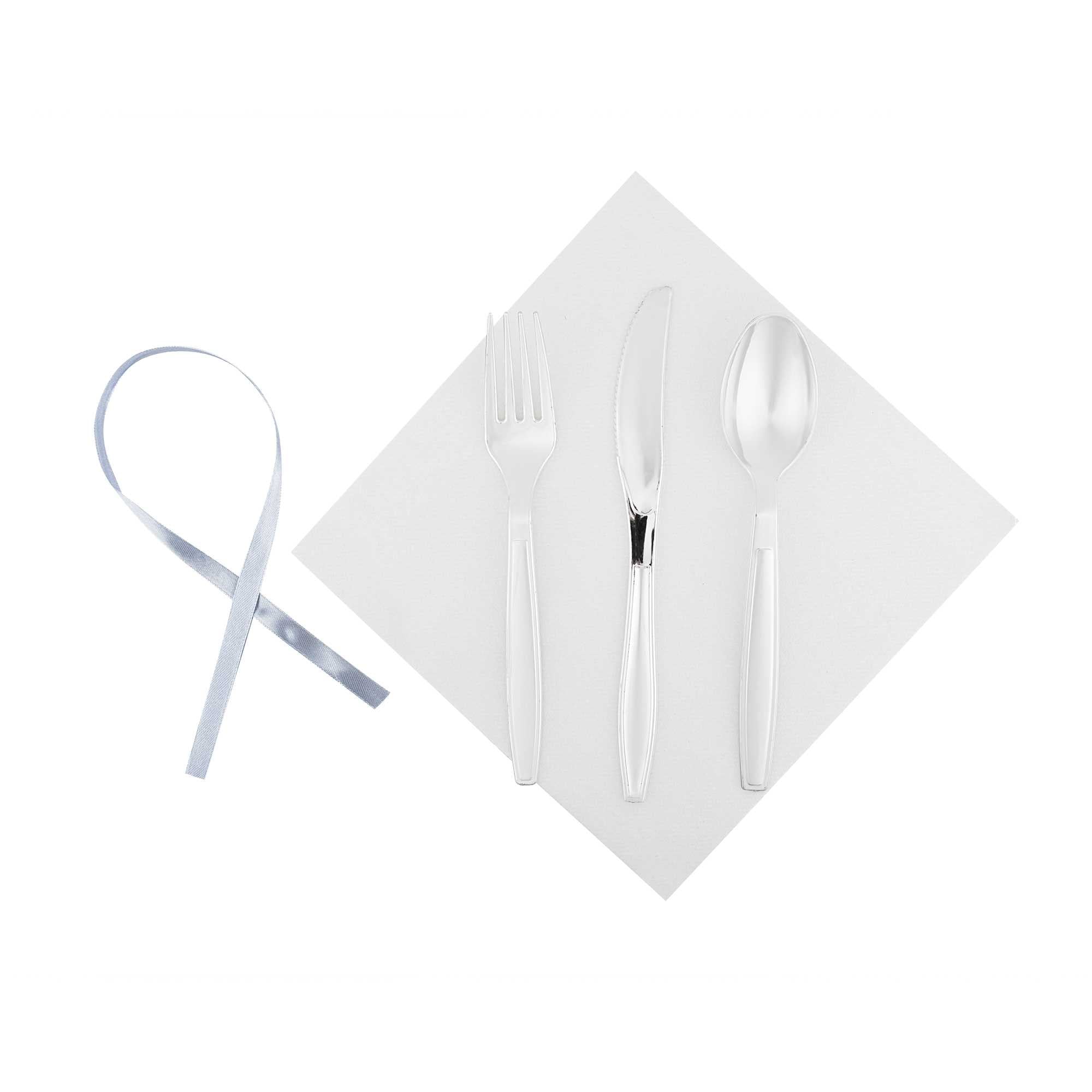 Argento Silver Plastic Cutlery Set - with White Napkin, Silver Ribbon - 7 1/4" x 2" x 1 3/4" - 100 count box