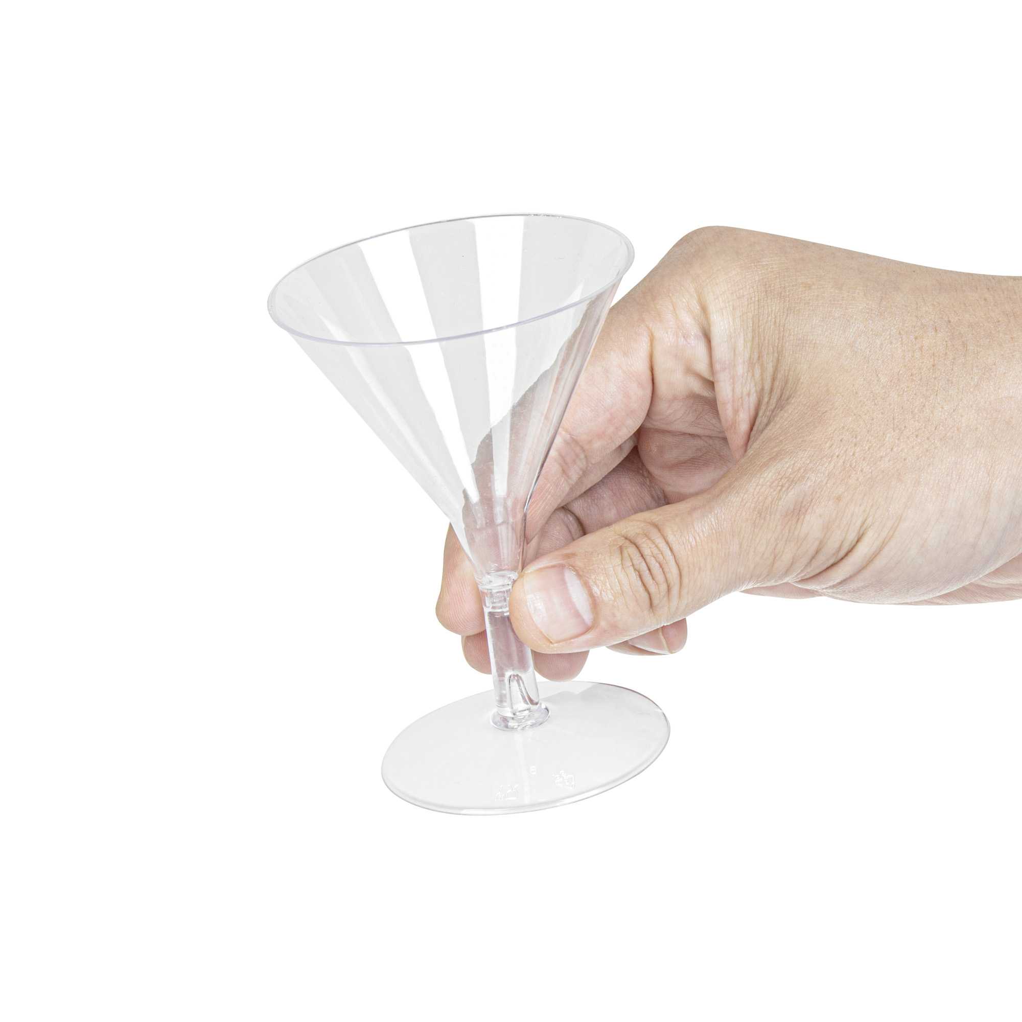 Bev Tek 2 oz Round Clear Plastic Mini Martini Glass - 2 1/2" x 2 1/2" x 3 3/4" - 100 count box
