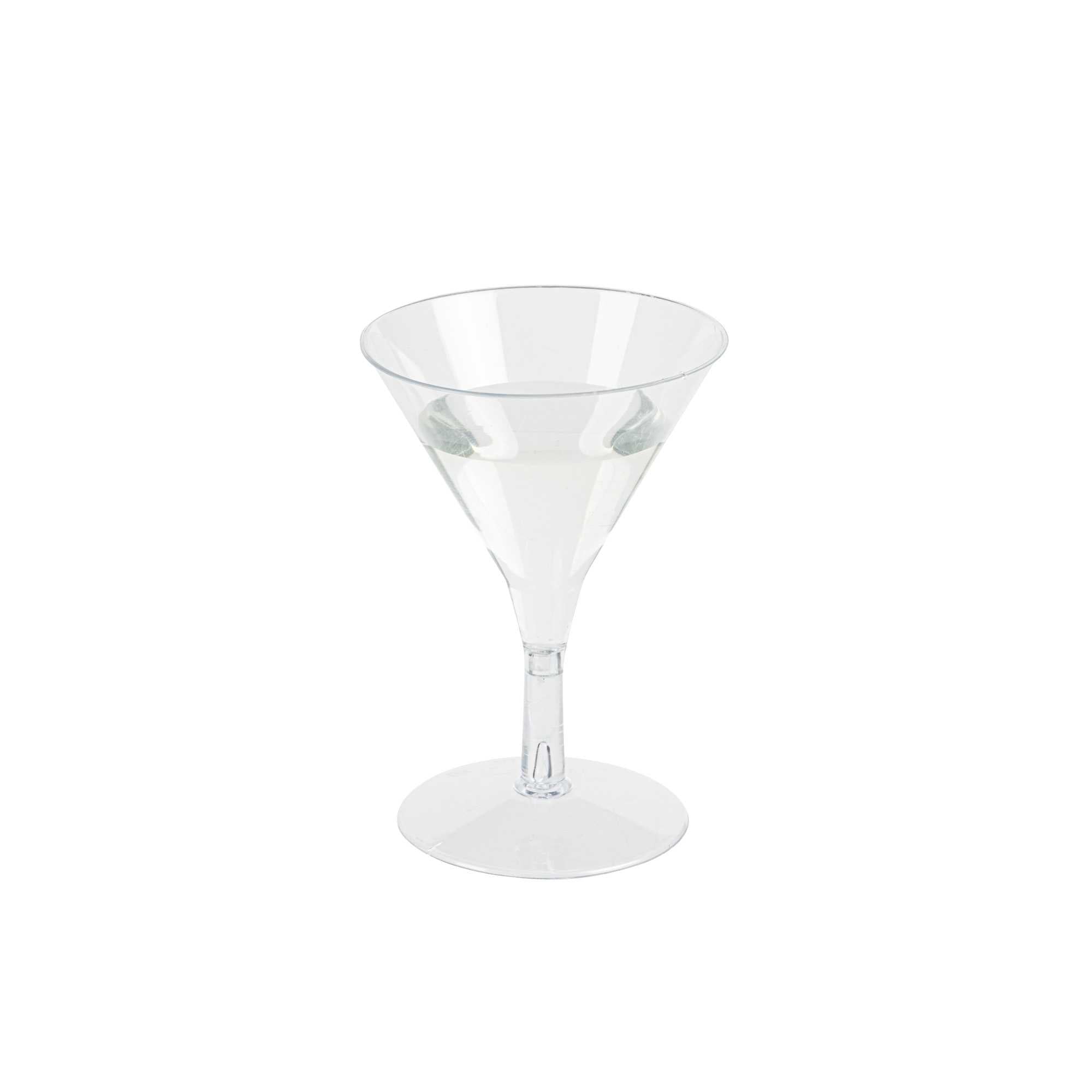 Bev Tek 2 oz Round Clear Plastic Mini Martini Glass - 2 1/2" x 2 1/2" x 3 3/4" - 100 count box