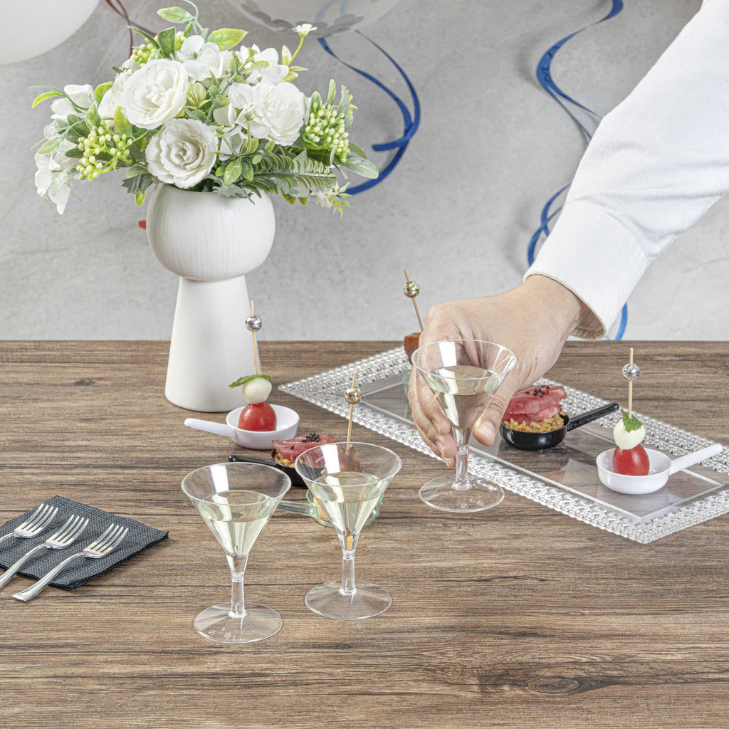Bev Tek 2 oz Round Clear Plastic Mini Martini Glass - 2 1/2" x 2 1/2" x 3 3/4" - 100 count box
