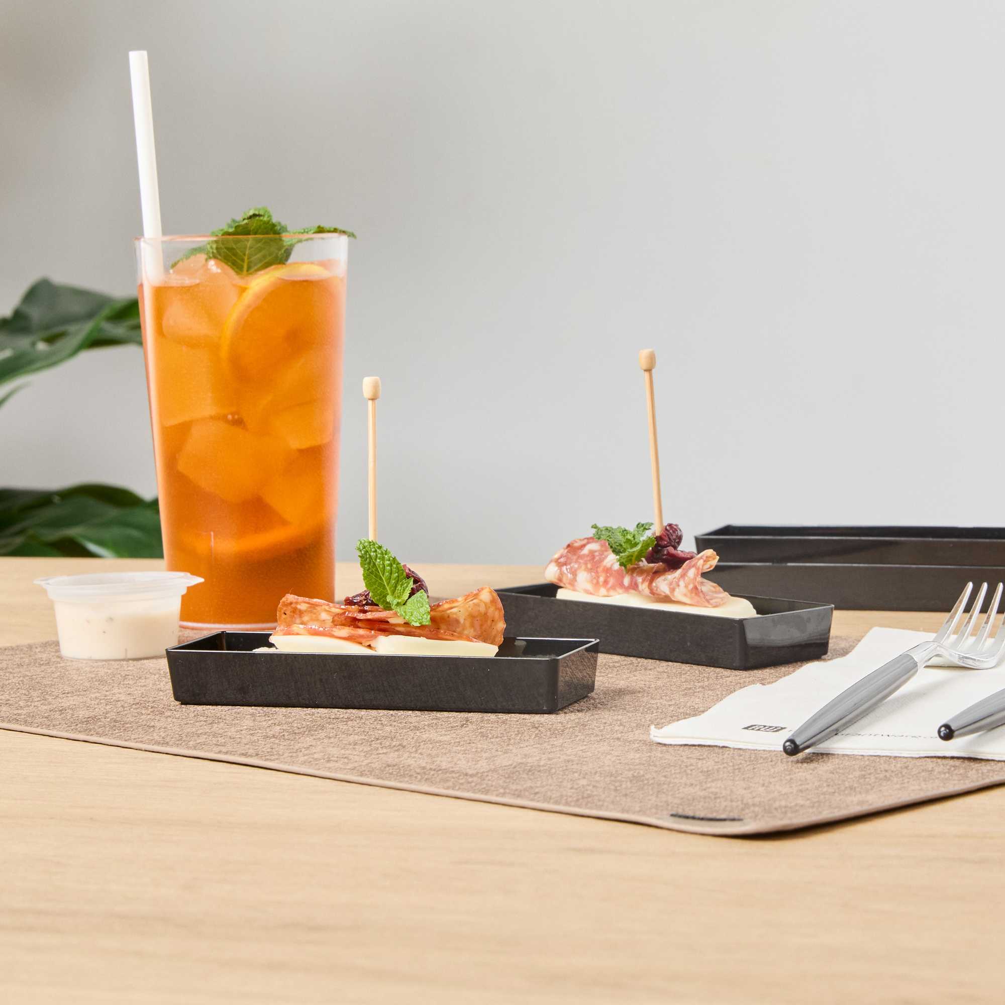 Mini Serve Rectangle Black Plastic Modern Plate - 5 1/4" x 1 3/4" x 3/4" - 100 count box