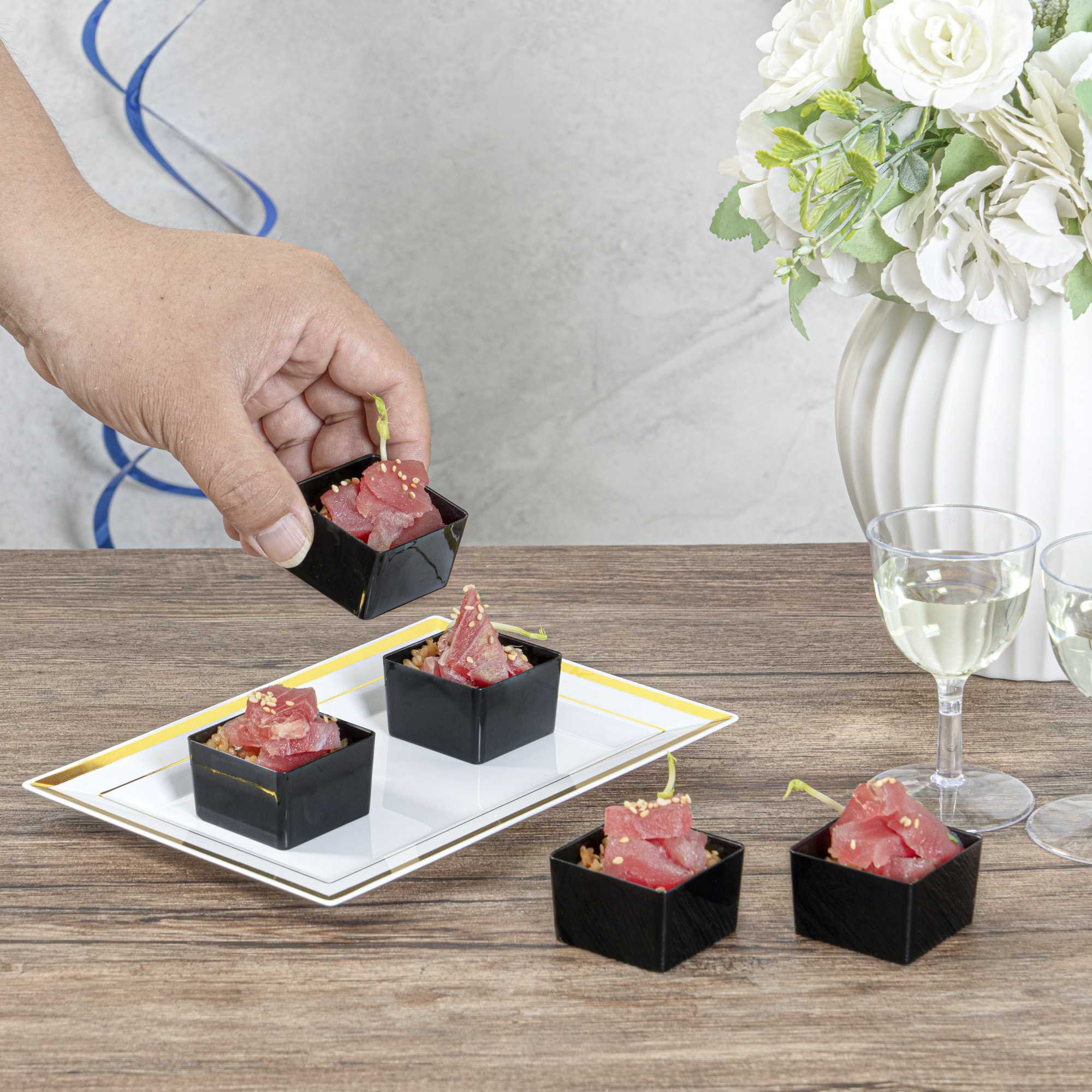 Mini Serve 2 oz Square Black Plastic Short Quadrato Cup - 1 3/4" x 1 3/4" x 1" - 100 count box