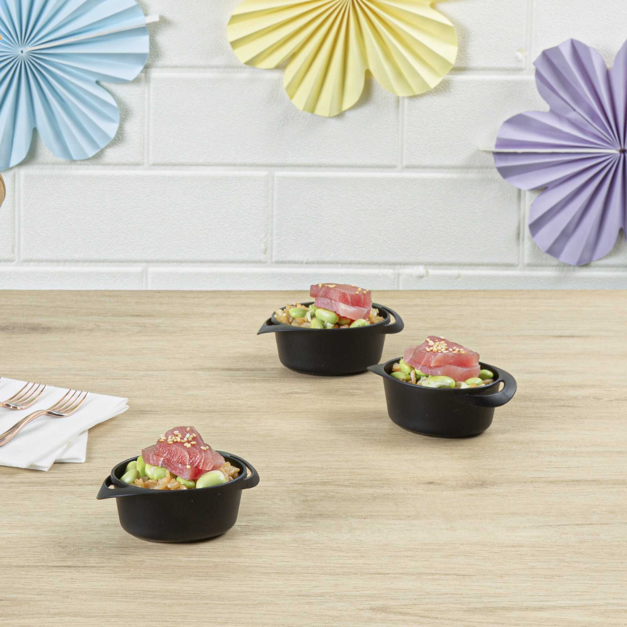 Mini Serve 3 oz Round Black Plastic Mini Infinity Pot - 3 3/4" x 2 1/2" x 1 1/4" - 100 count box