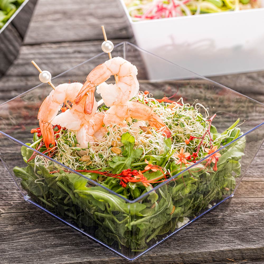 Maxi Serve 18 oz Square Clear Plastic Medium Modern Bowl - 6 3/4" x 6 3/4" x 3" - 25 count box