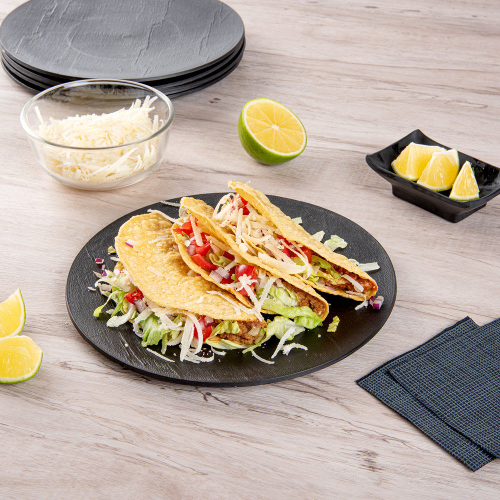 Maxi Serve Round Black Plastic Medium Plate - Faux Slate - 8 3/4" x 8 3/4" - 100 count box