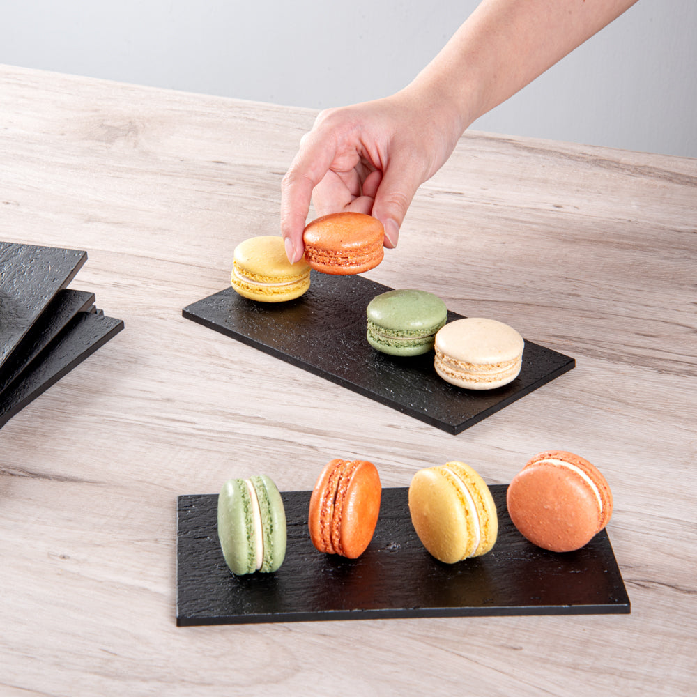 Maxi Serve Rectangle Black Plastic Small Plate - Faux Slate - 7" x 3 1/2" - 100 count box