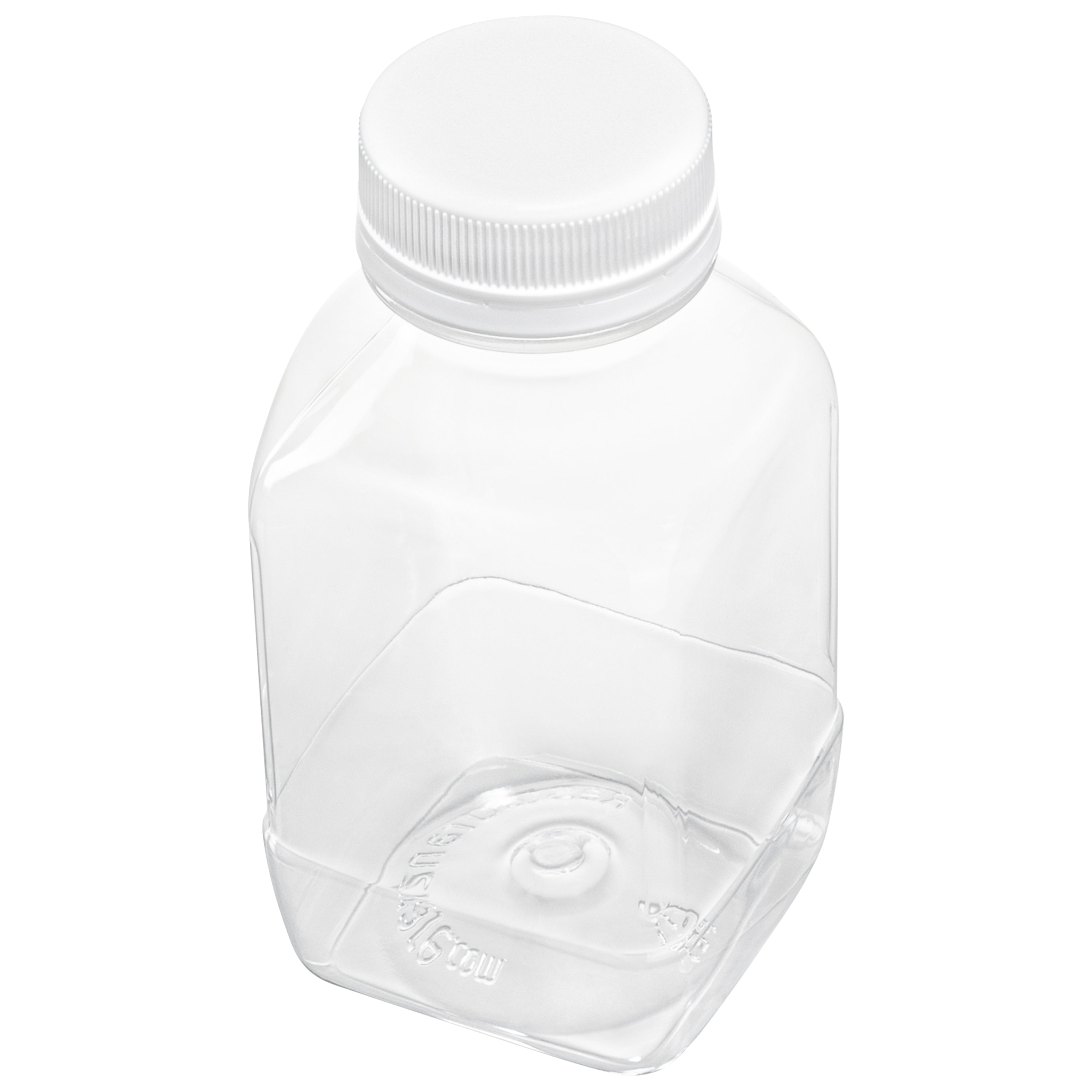 Bottle Tek 8 oz Square Clear Plastic Cold Pressed Juice Bottle - with Safety Cap - 2 1/4" x 2 1/4" x 4 3/4" - 100 count box