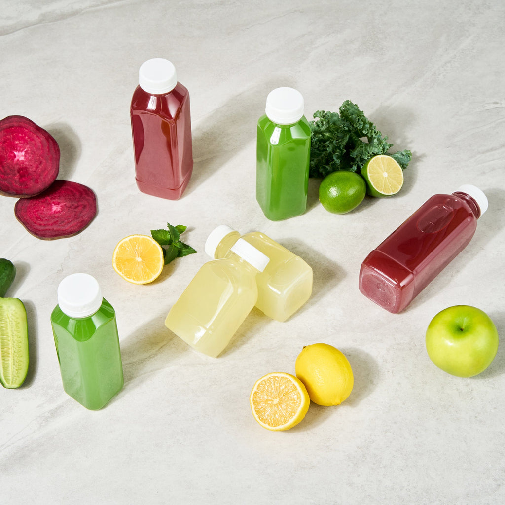 Bottle Tek 8 oz Square Clear Plastic Cold Pressed Juice Bottle - with Safety Cap - 2 1/4" x 2 1/4" x 4 3/4" - 100 count box