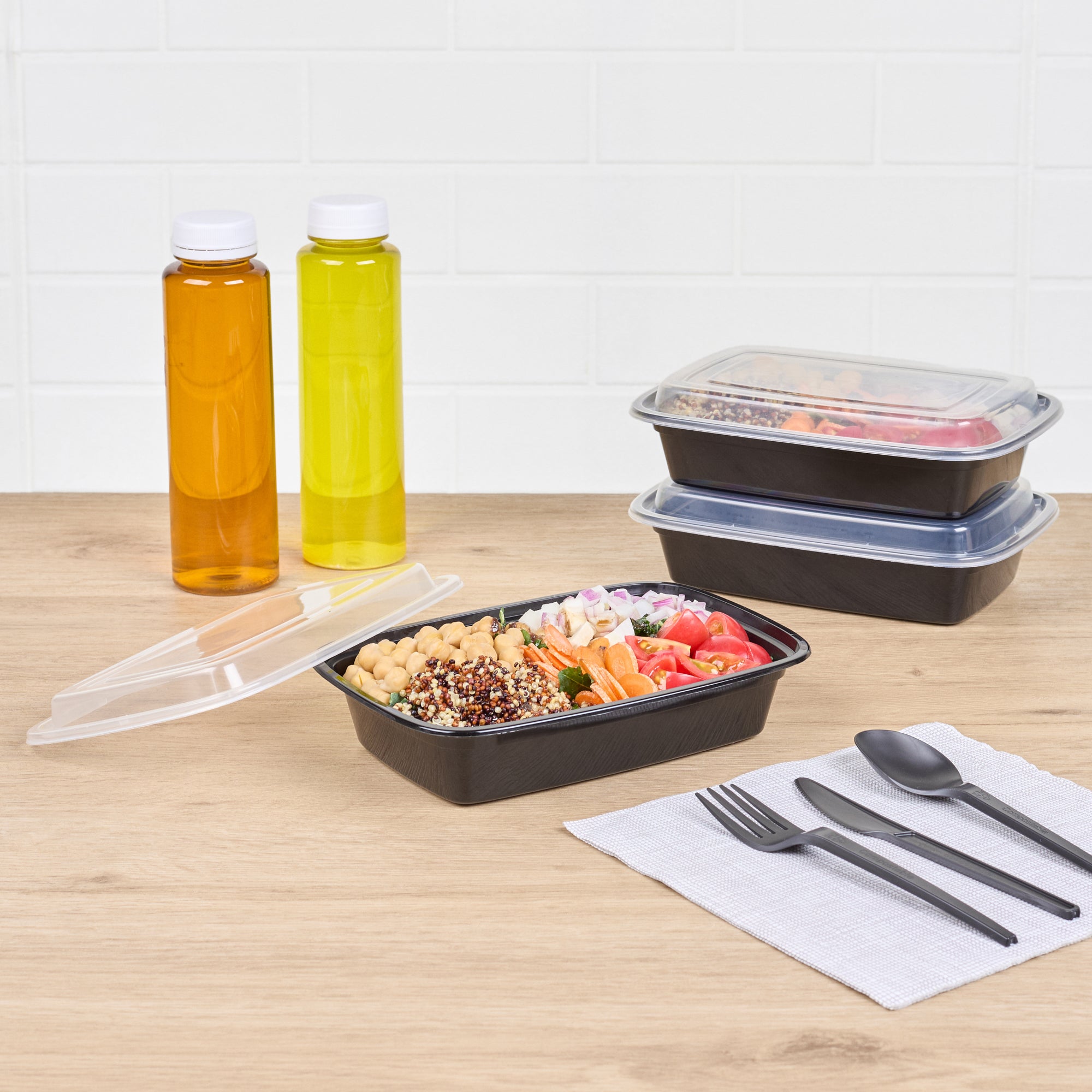 Asporto 24 oz Rectangle Black Plastic To Go Box - with Clear Lid, Microwavable - 8" x 5 1/4" x 1 3/4" - 50 count box