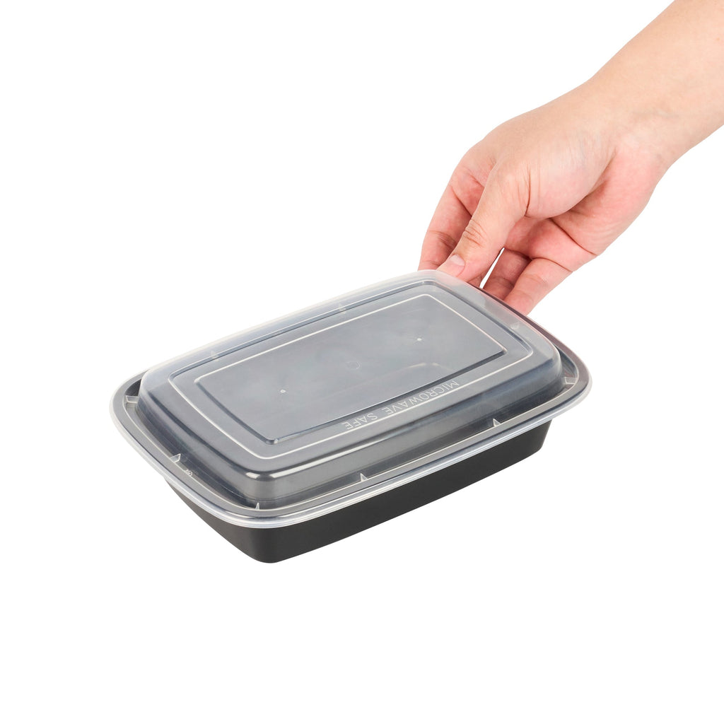 Asporto 24 oz Rectangle Black Plastic To Go Box - with Clear Lid, Microwavable - 8" x 5 1/4" x 1 3/4" - 50 count box