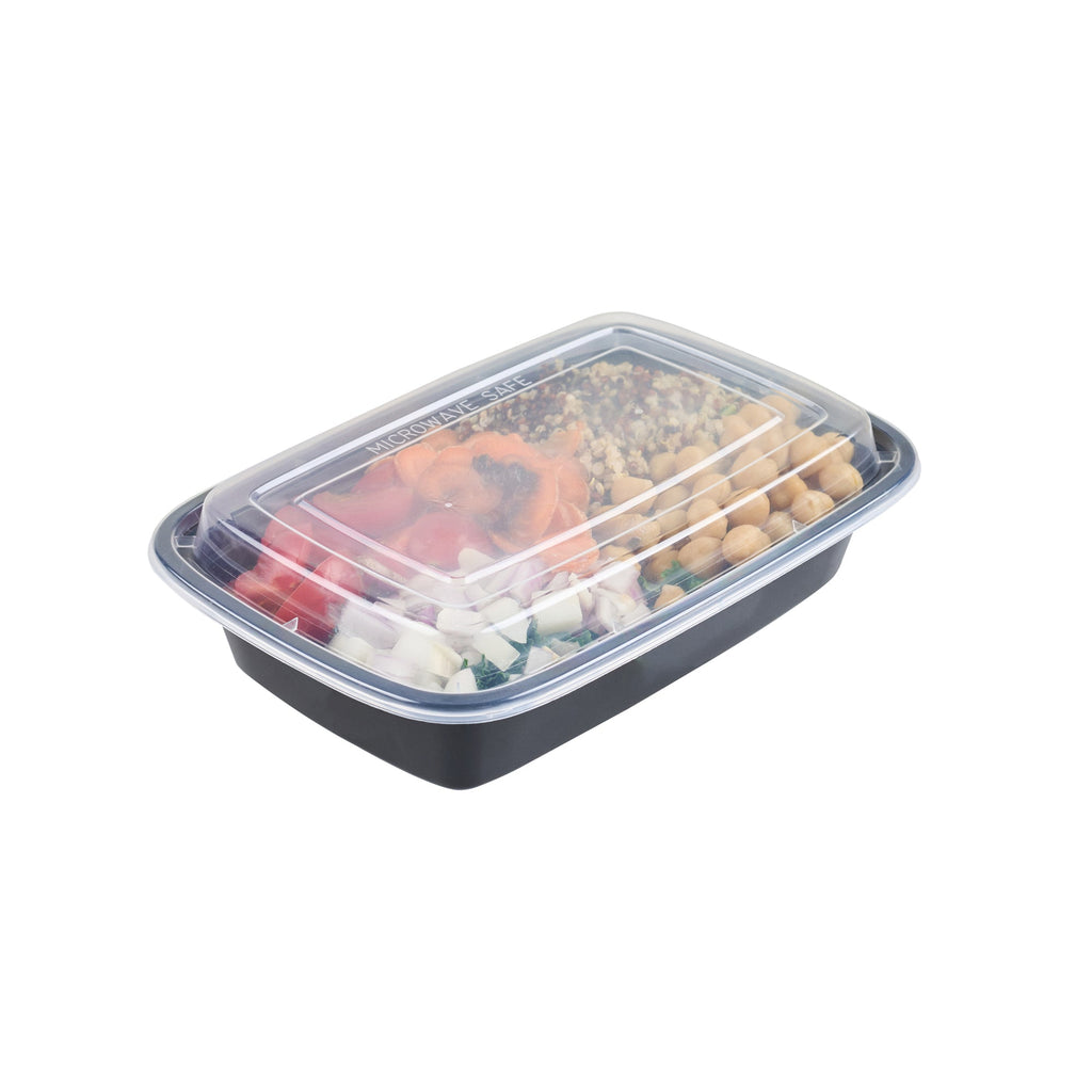 Asporto 24 oz Rectangle Black Plastic To Go Box - with Clear Lid, Microwavable - 8" x 5 1/4" x 1 3/4" - 50 count box