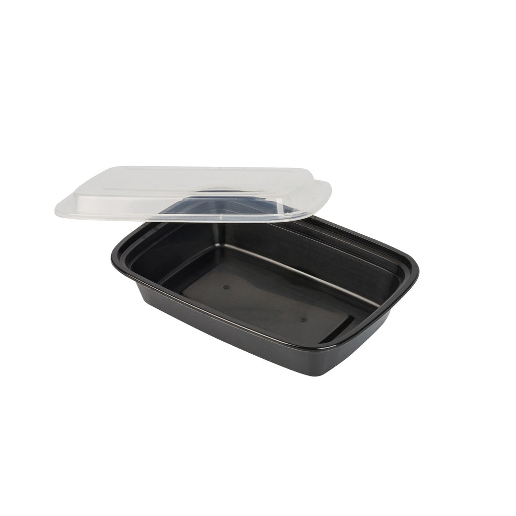 Asporto 24 oz Rectangle Black Plastic To Go Box - with Clear Lid, Microwavable - 8" x 5 1/4" x 1 3/4" - 50 count box