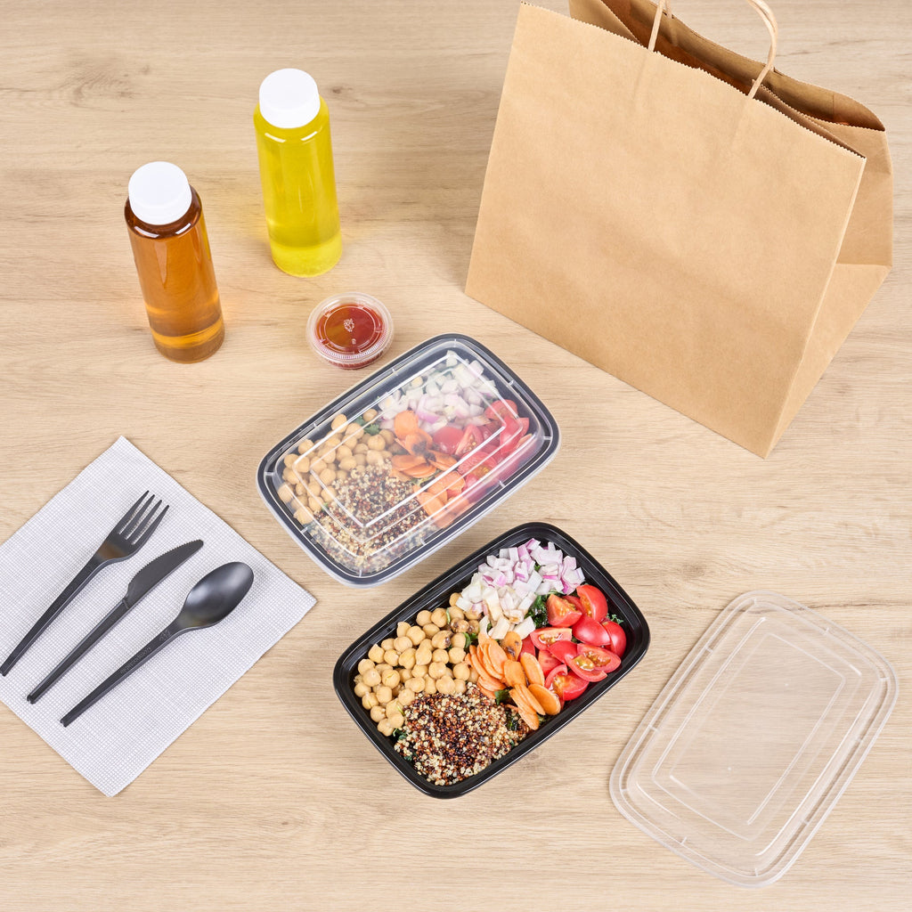 Asporto 24 oz Rectangle Black Plastic To Go Box - with Clear Lid, Microwavable - 8" x 5 1/4" x 1 3/4" - 50 count box