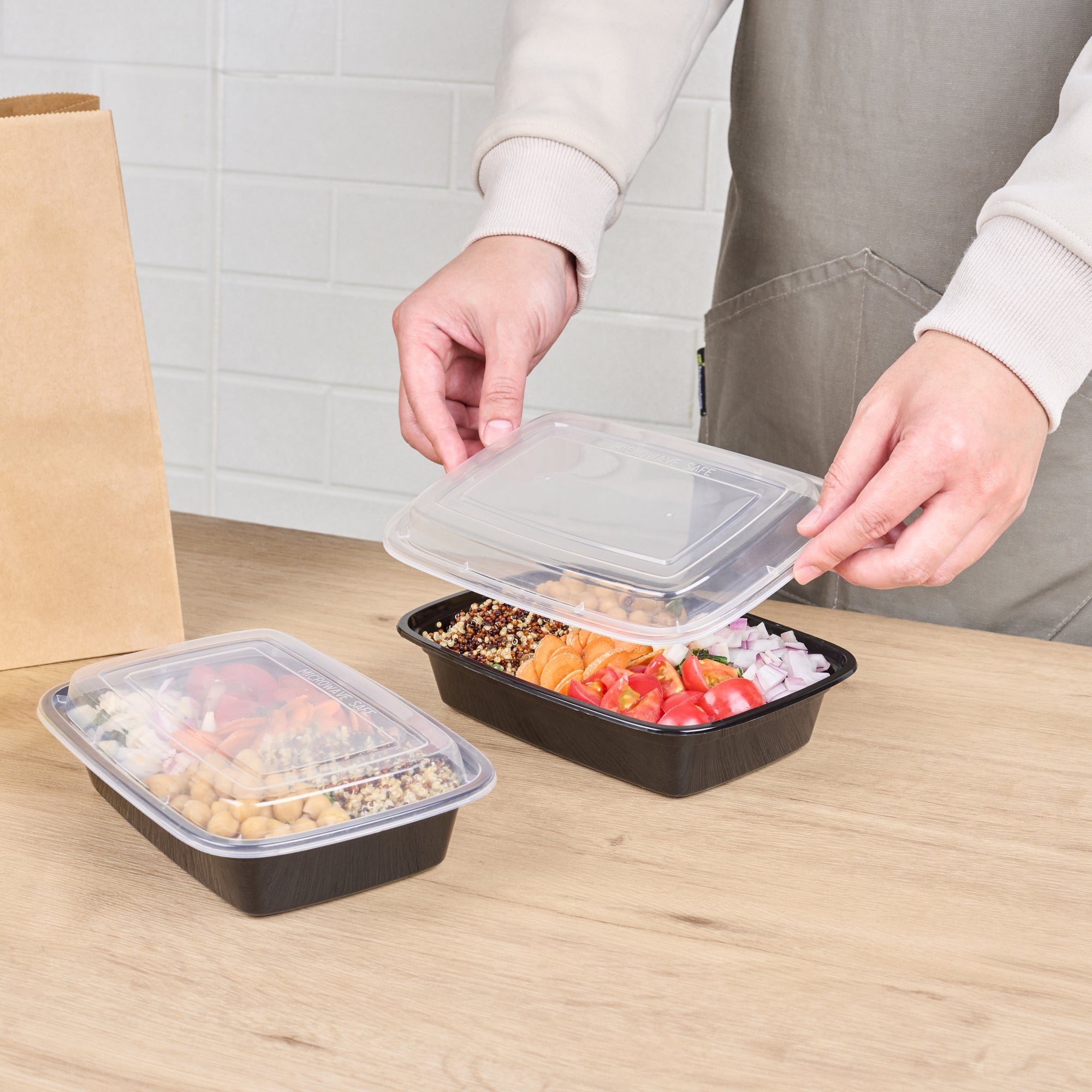 Asporto 24 oz Rectangle Black Plastic To Go Box - with Clear Lid, Microwavable - 8" x 5 1/4" x 1 3/4" - 100 count box